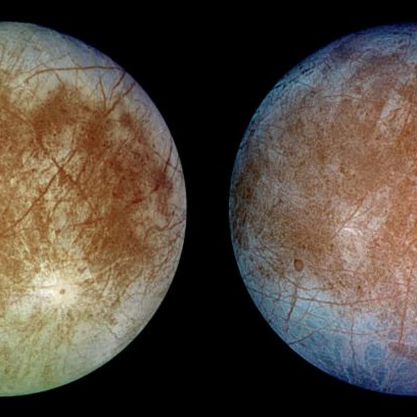 Look familiar? Europa (in natural color, left, and enhanced-contrast color, right) is more like Earth than we ever knew.