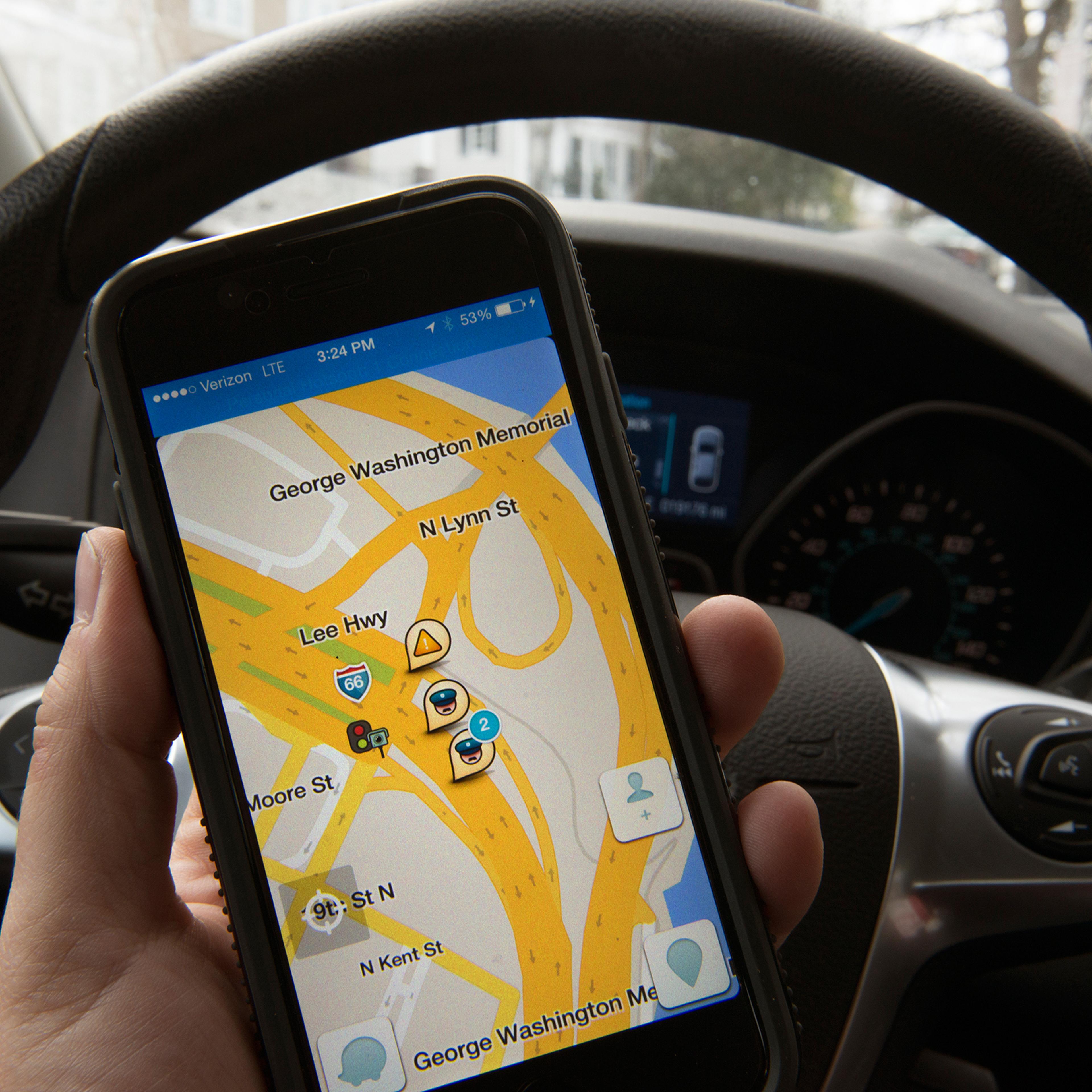 A view of the WAZE traffic GPS app on an iPhone on Jan. 27, 2015.