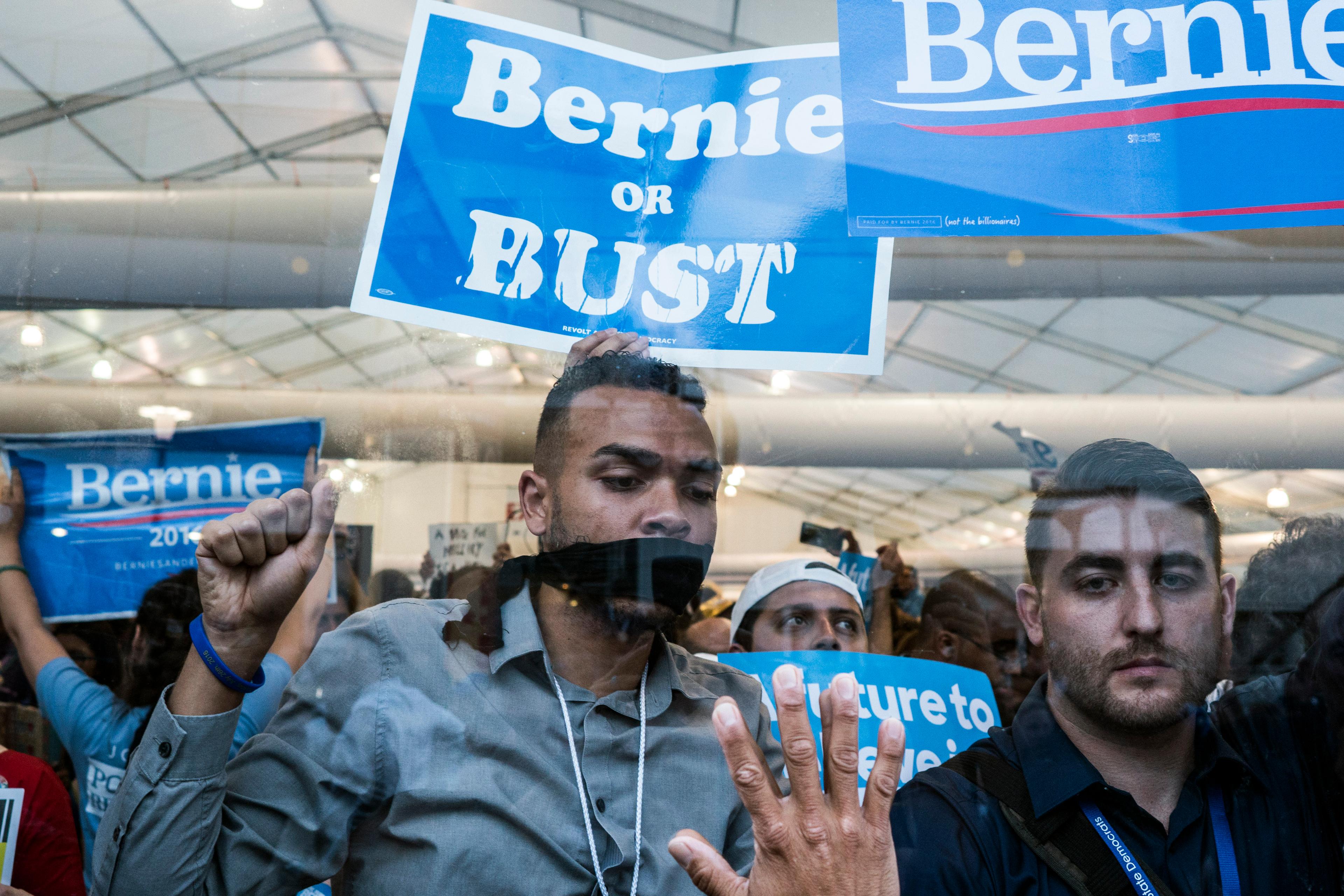 Bernie Sanders supporters protest following the DNC roll call vote that ended with Hillary Clinton's nomination as Democratic presidential candidate on July 26, 2016 in Philadelphia.