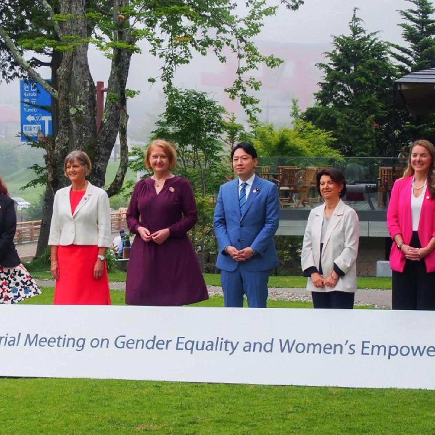 Participants of the G7 Ministerial Meeting on Gender Equality and Women's Empowerment pose for a group photo in Nikko city of Tochigi prefecture on June 25, 2023.