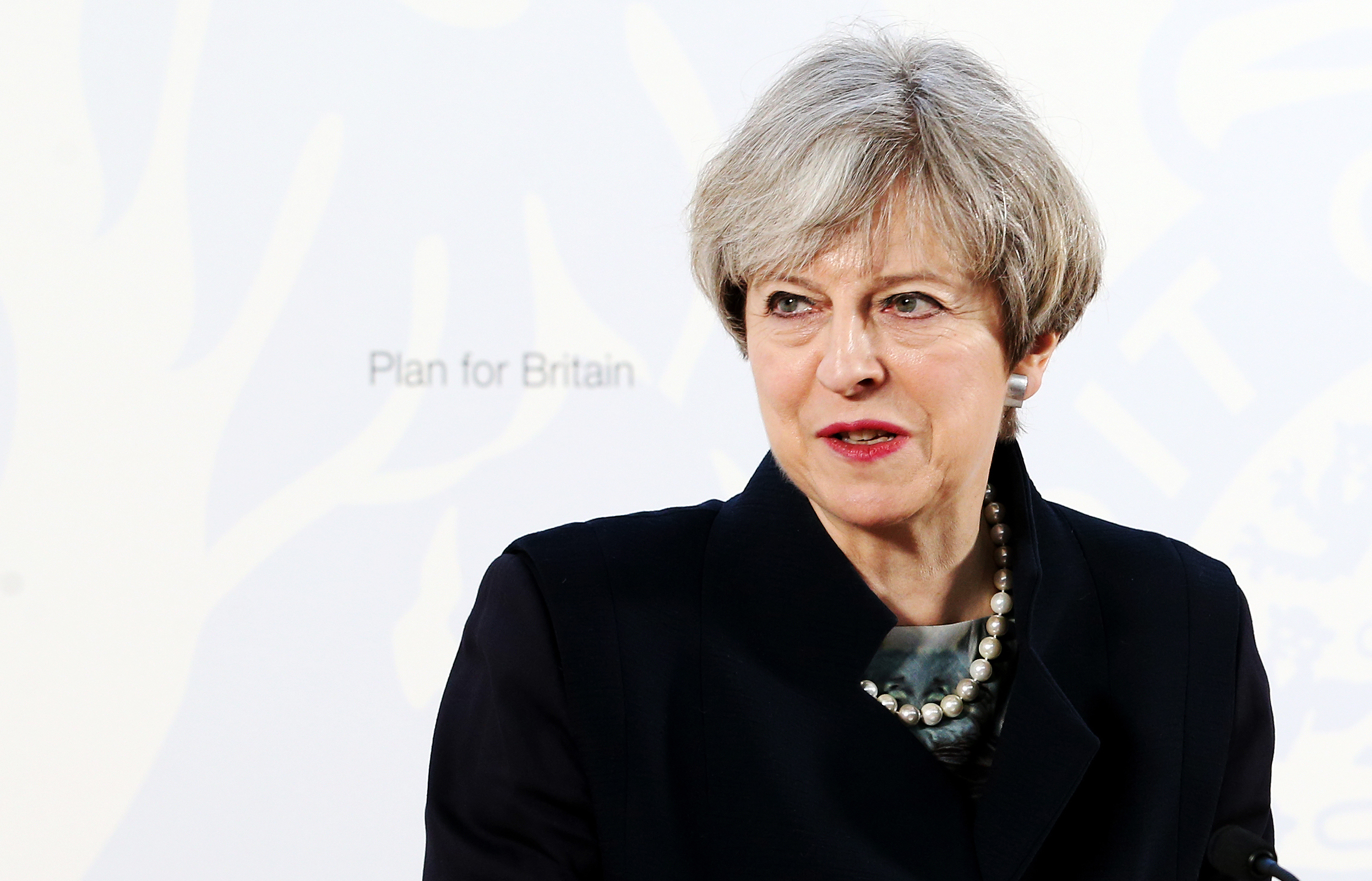 Prime Minister Theresa May delivers a speech at the Department for International Development's office at Abercrombie House on March 27, 2017 in East Kilbride, Scotland.