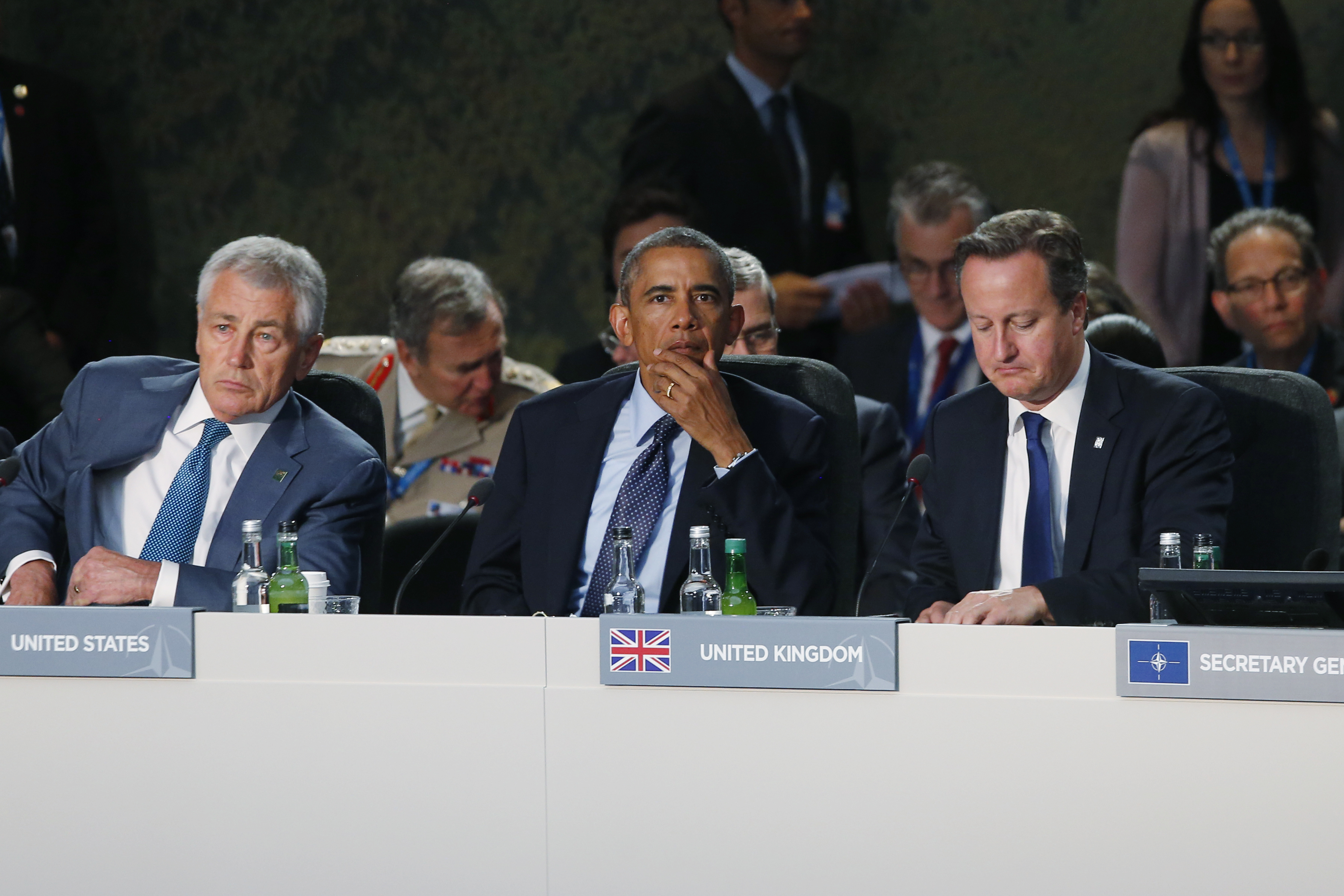 Barack Obama, Chuck Hagel, David Cameron