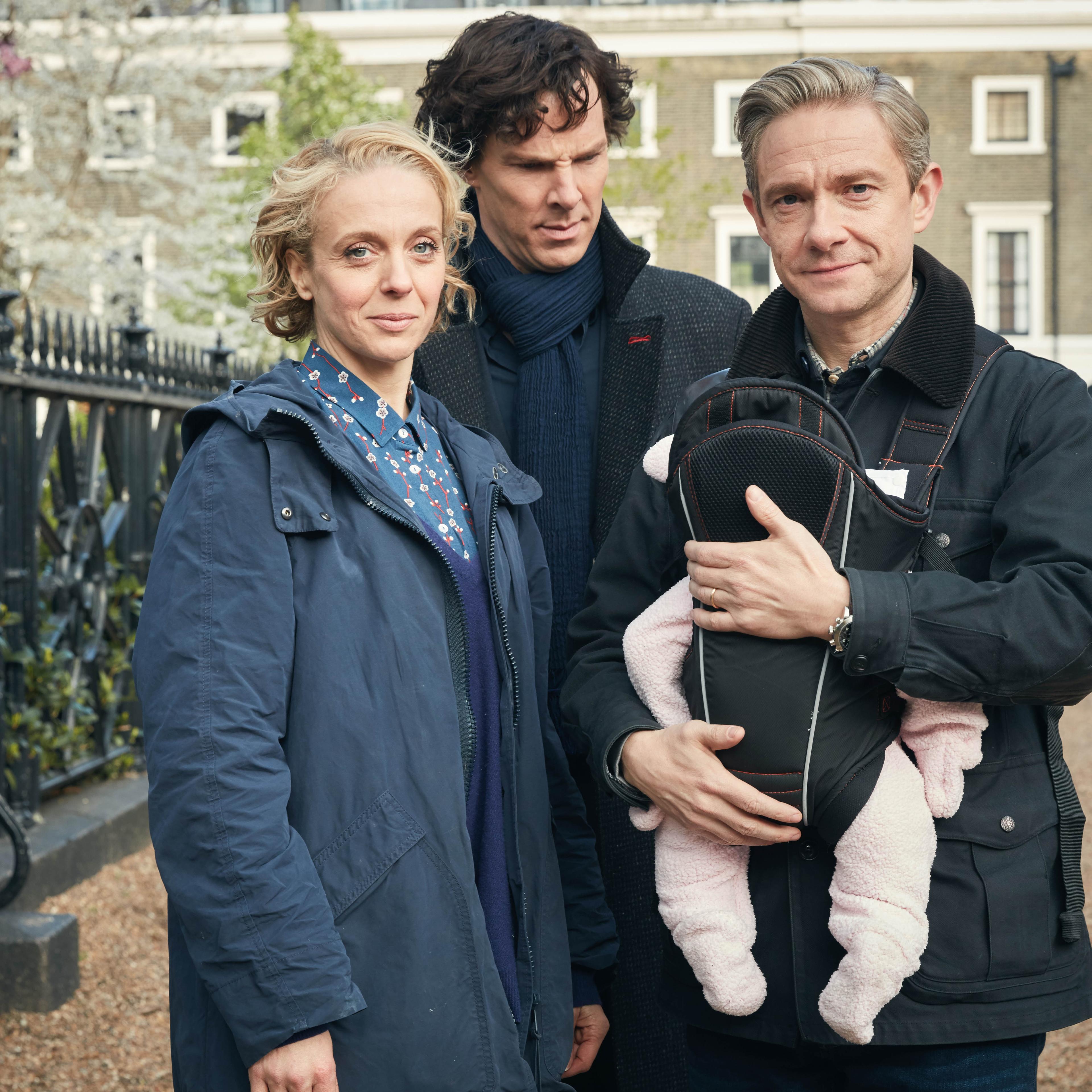 From left: Amanda Abbington, Benedict Cumberbatch and Martin Freeman in Sherlock.
