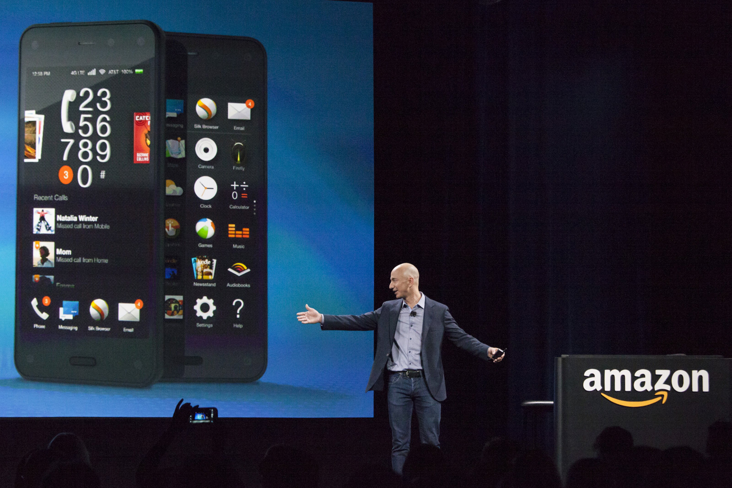 Amazon and CEO Jeff Bezos presents the company's first smartphone, the Fire Phone, on June 18, 2014 in Seattle.