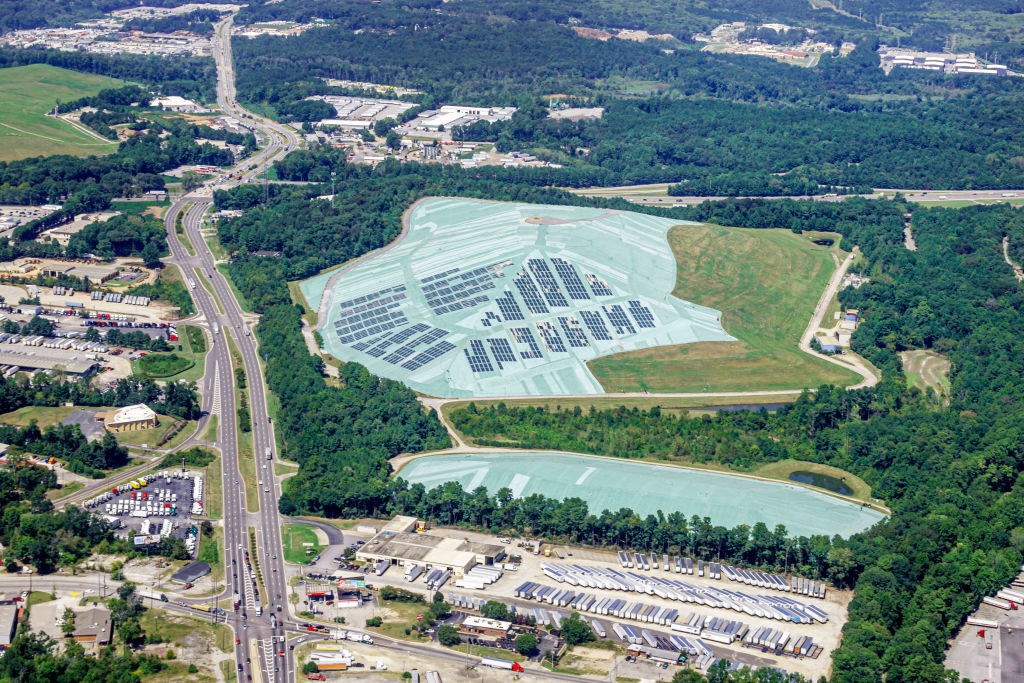 An aerial view of the Hickory Ridge Landfill in Atlanta, Ga., which is covered by a geomembrane liner and photovoltaic solar panels.
