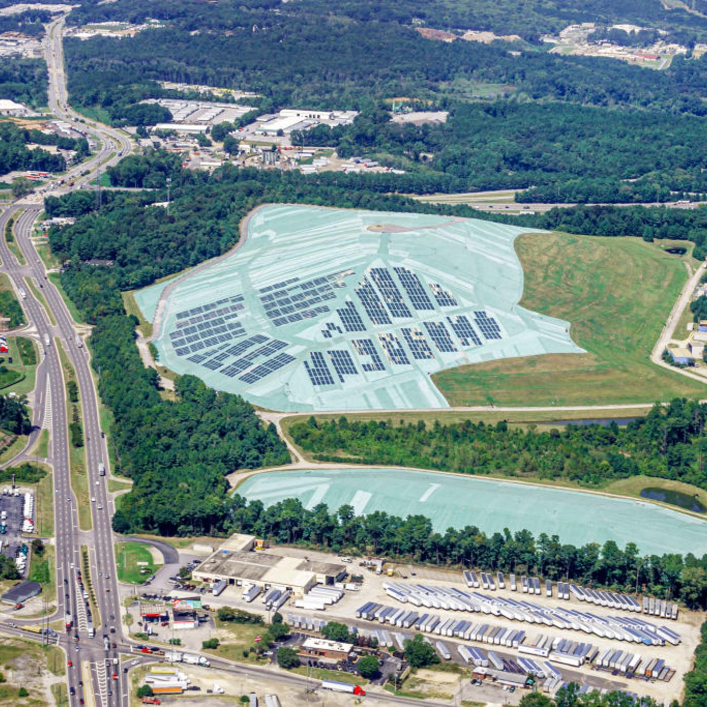 An aerial view of the Hickory Ridge Landfill in Atlanta, Ga., which is covered by a geomembrane liner and photovoltaic solar panels.
