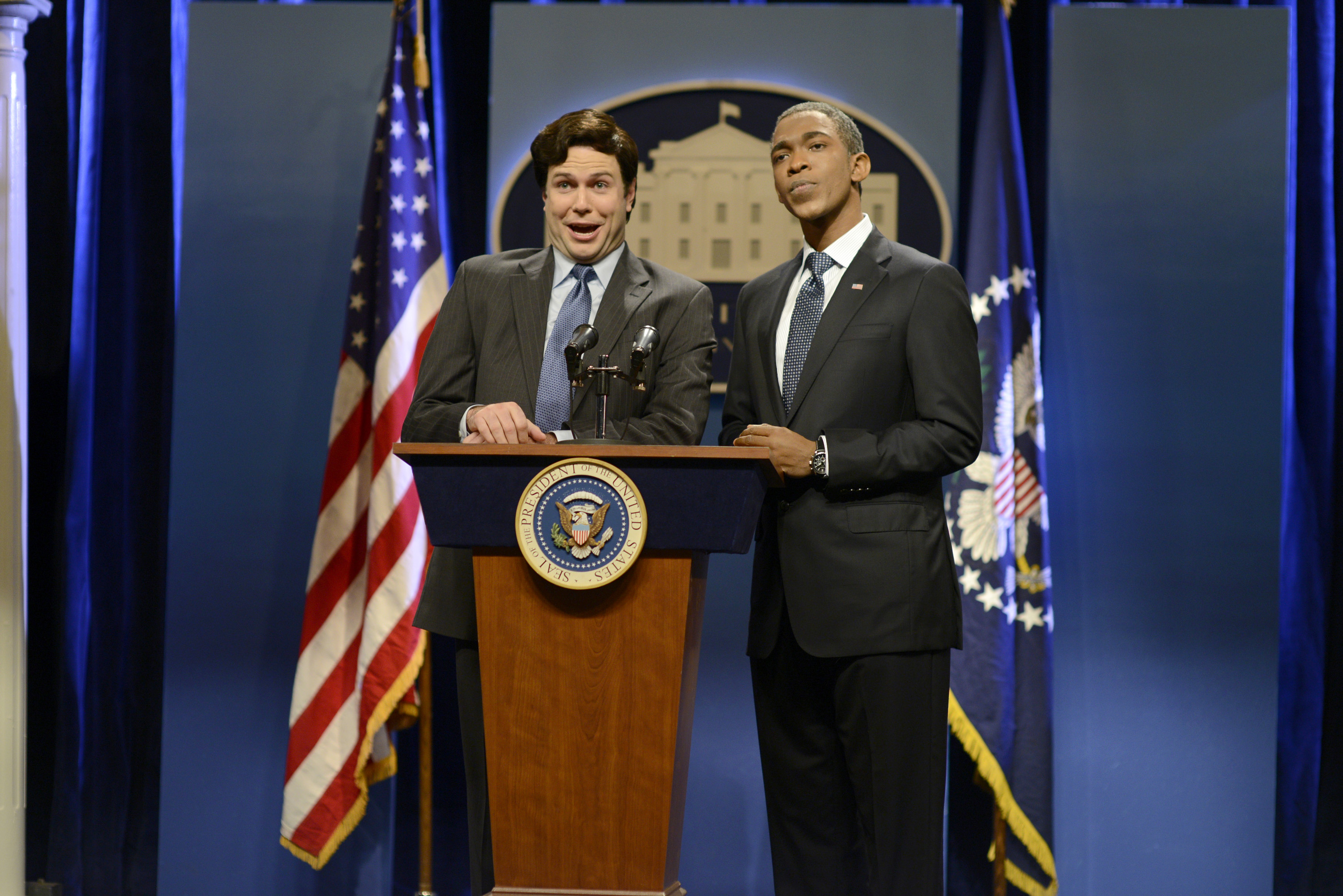 Taran Killam as Ron Klain and Jay Pharoah as President Obama during the "Ebola Czar" skit on Oct. 25, 2014.