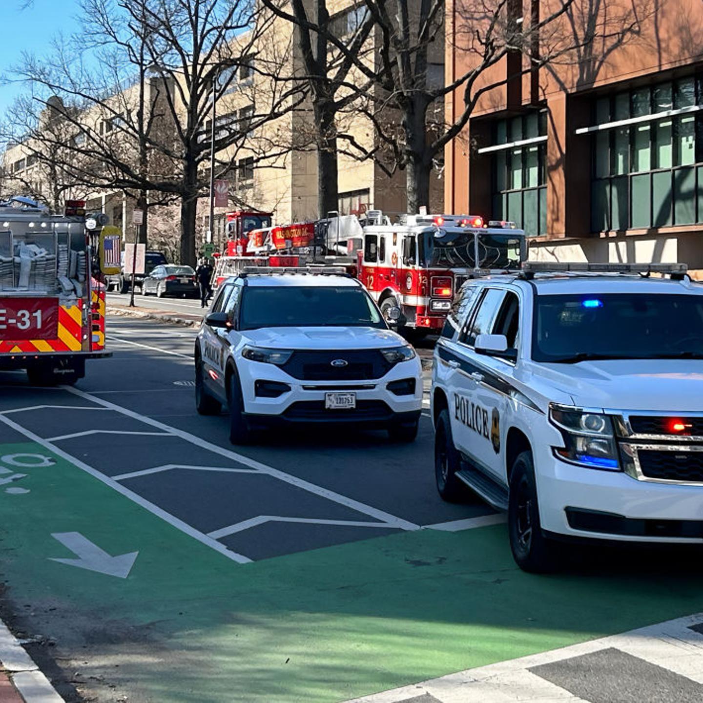 U.S. Secret Service vehicles block access to a street leading to the Embassy of Israel in Washington, DC on Feb. 25, 2024. A man reportedly set himself on fire near the embassy on Sunday afternoon.
