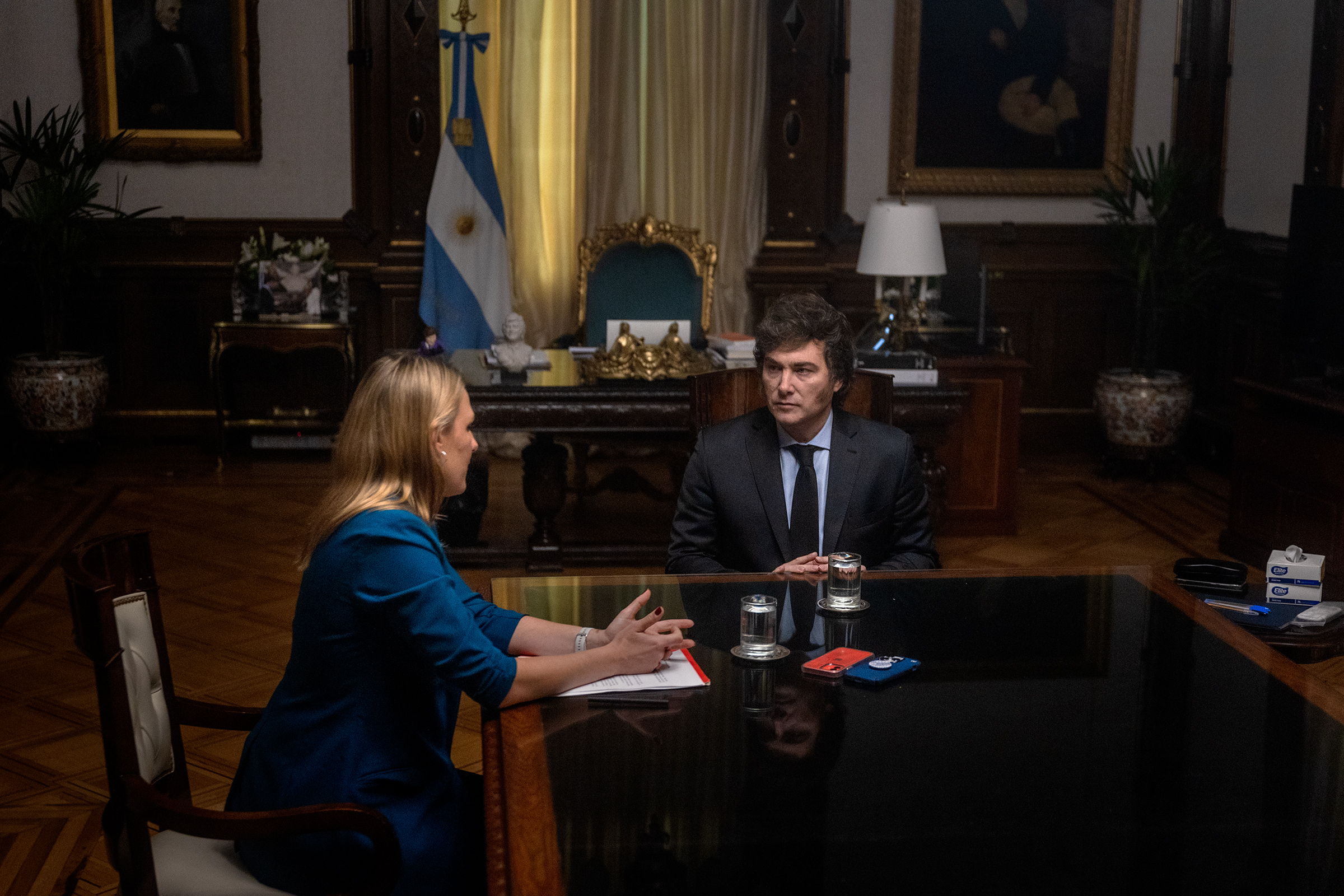 The President of Argentina, Javier Milei, being interviewed in the Casa Rosada on April 25.