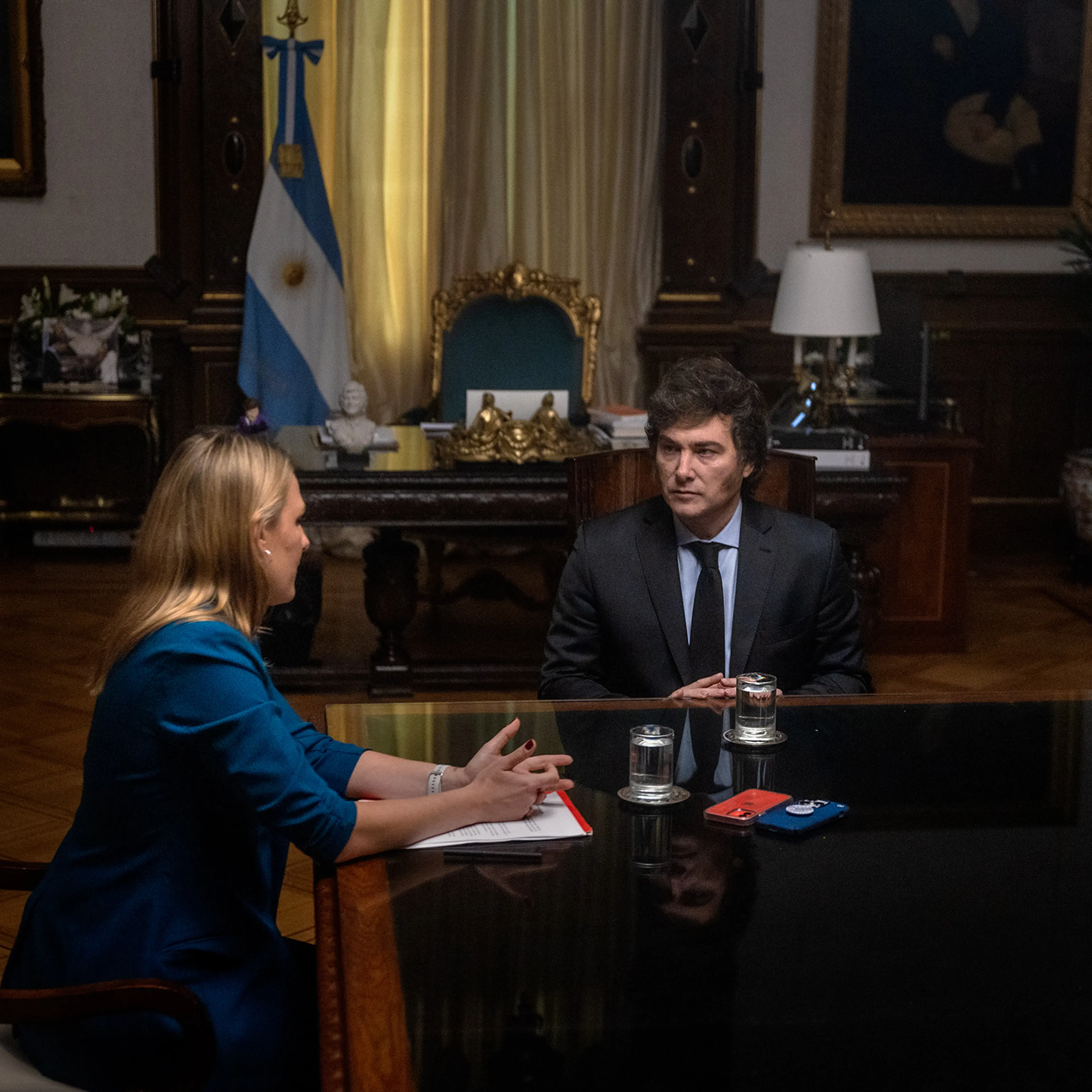 The President of Argentina, Javier Milei, being interviewed in the Casa Rosada on April 25.