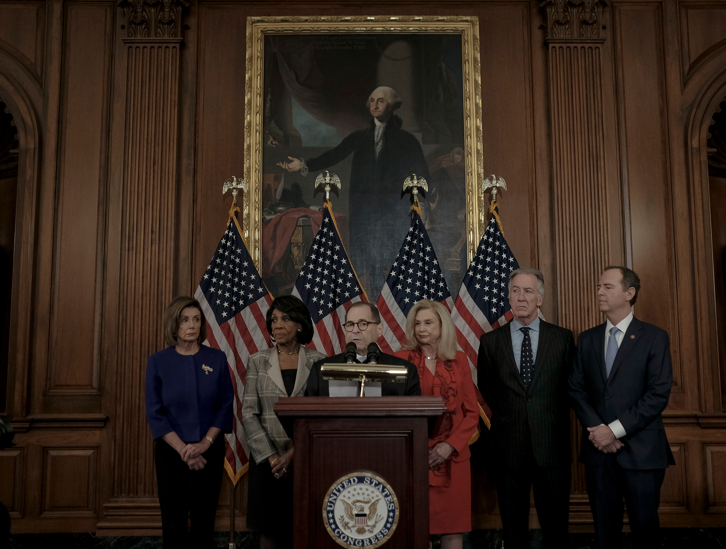 Rep. Jerry Nadler (D-NY), chairman of the Judiciary Committee, along with Speaker Nancy Pelosi and other Democratic committee heads announce the formal articles of impeachment against President Trump at the Capitol on Dec. 10, 2019.