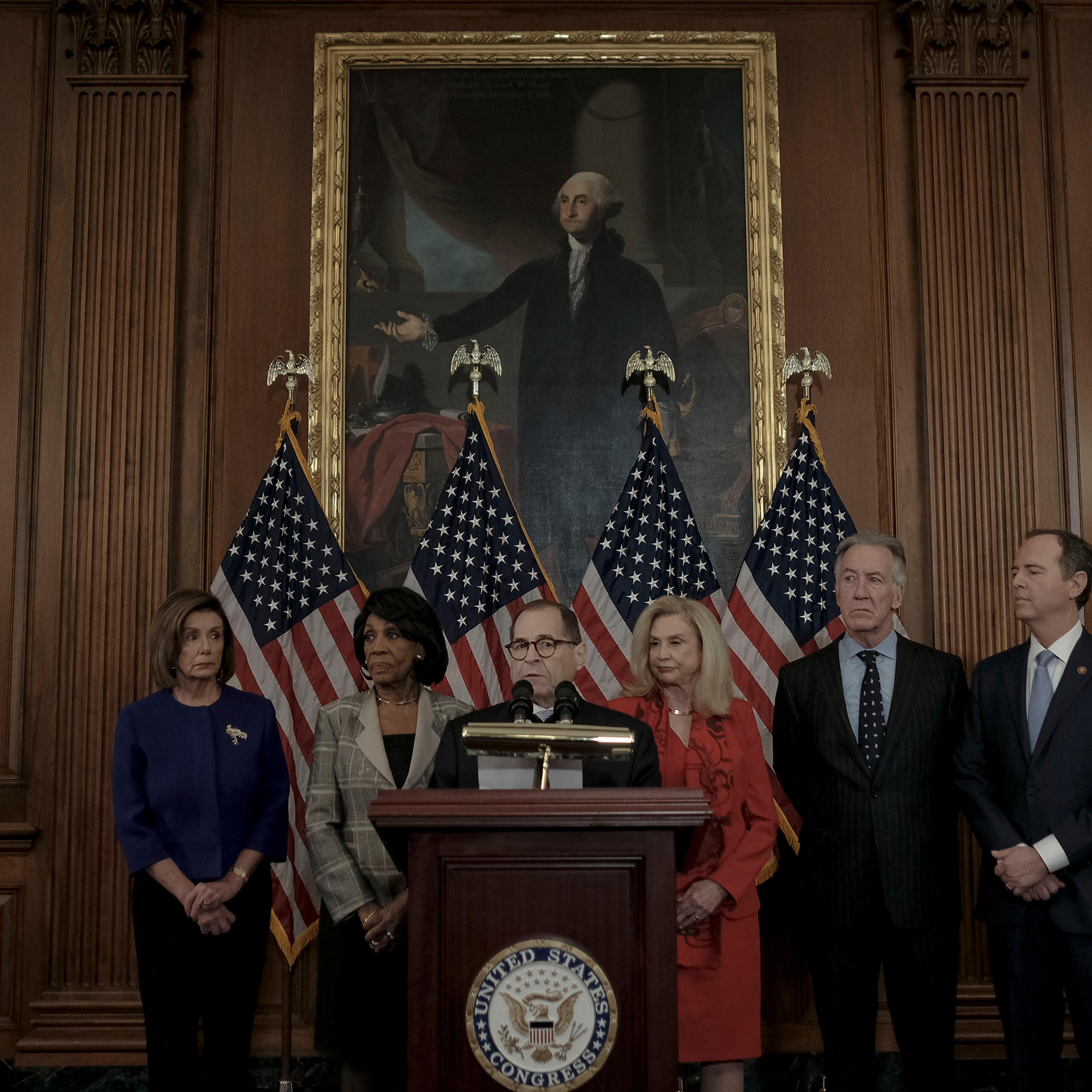 Rep. Jerry Nadler (D-NY), chairman of the Judiciary Committee, along with Speaker Nancy Pelosi and other Democratic committee heads announce the formal articles of impeachment against President Trump at the Capitol on Dec. 10, 2019.