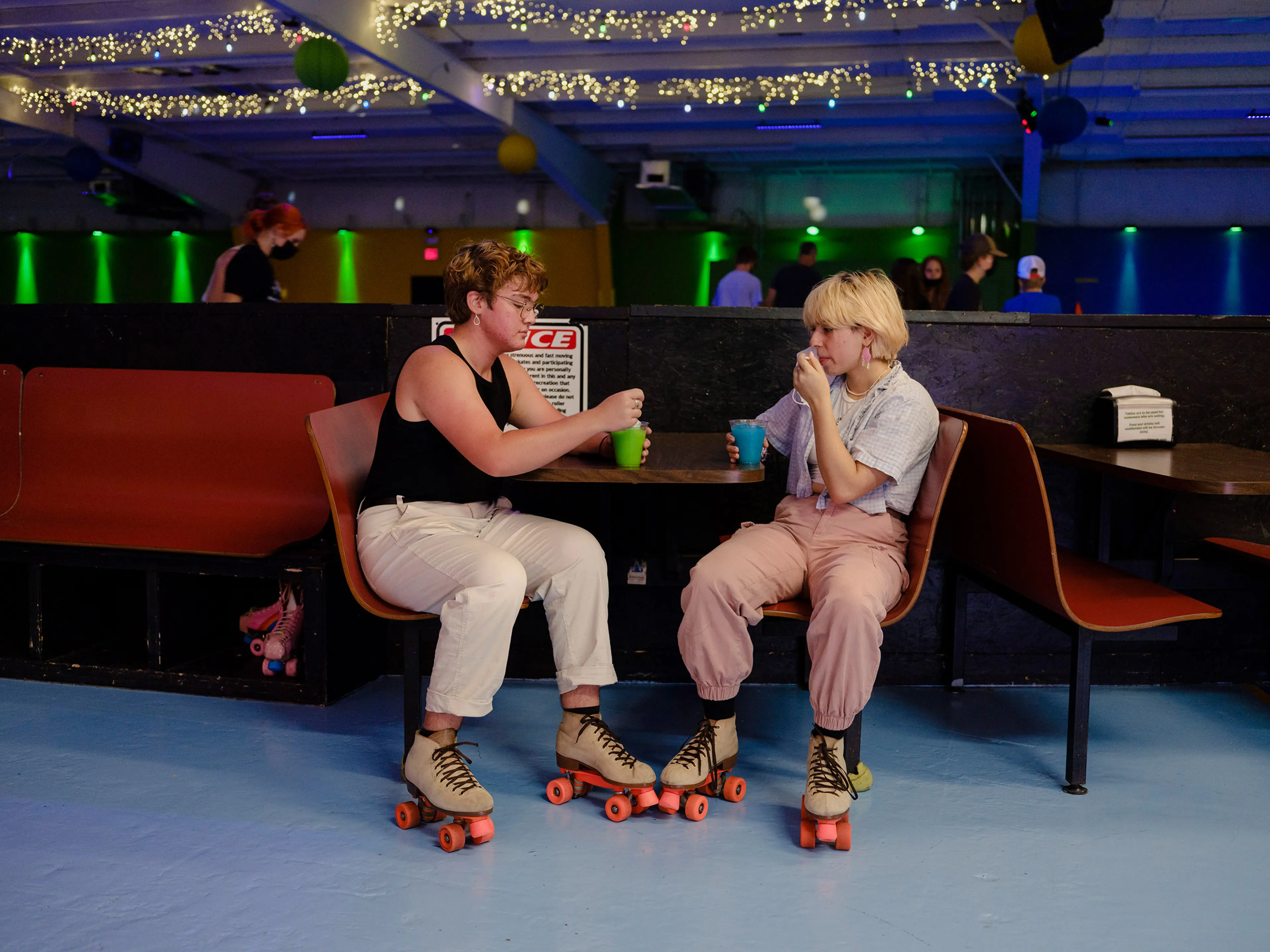 Asher, 16, left, and Blake, 15, celebrate Asher’s birthday at a roller-skating rink near Asheville, N.C. For his next birthday, Asher says he wants to invite all his friends to a dinner party where the dress code is “fancy—whatever that means to you.” He