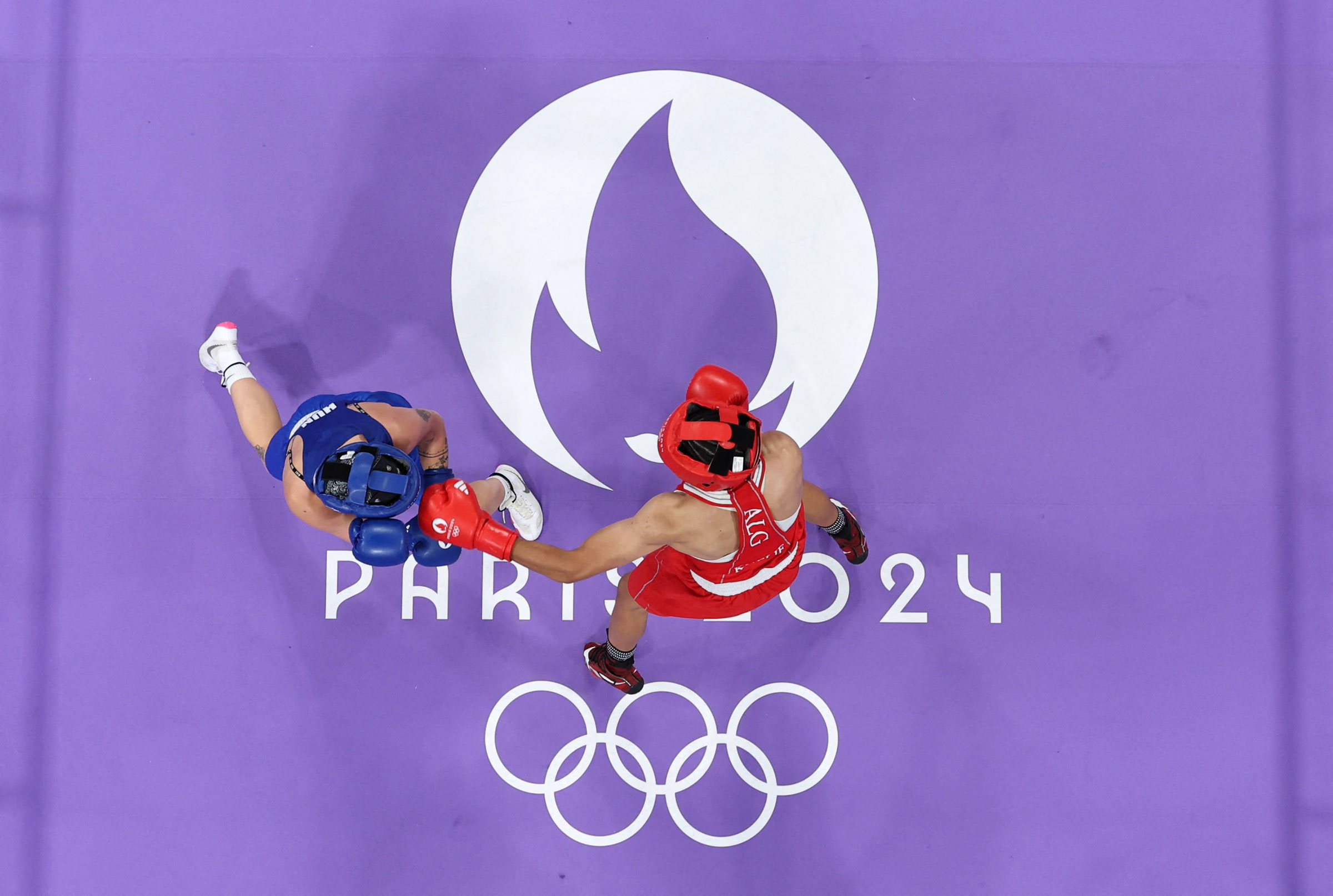 Imane Khelif of Algeria in action with Anna Luca Hamori of Hungary in the Women’s 66kg Quarterfinal.