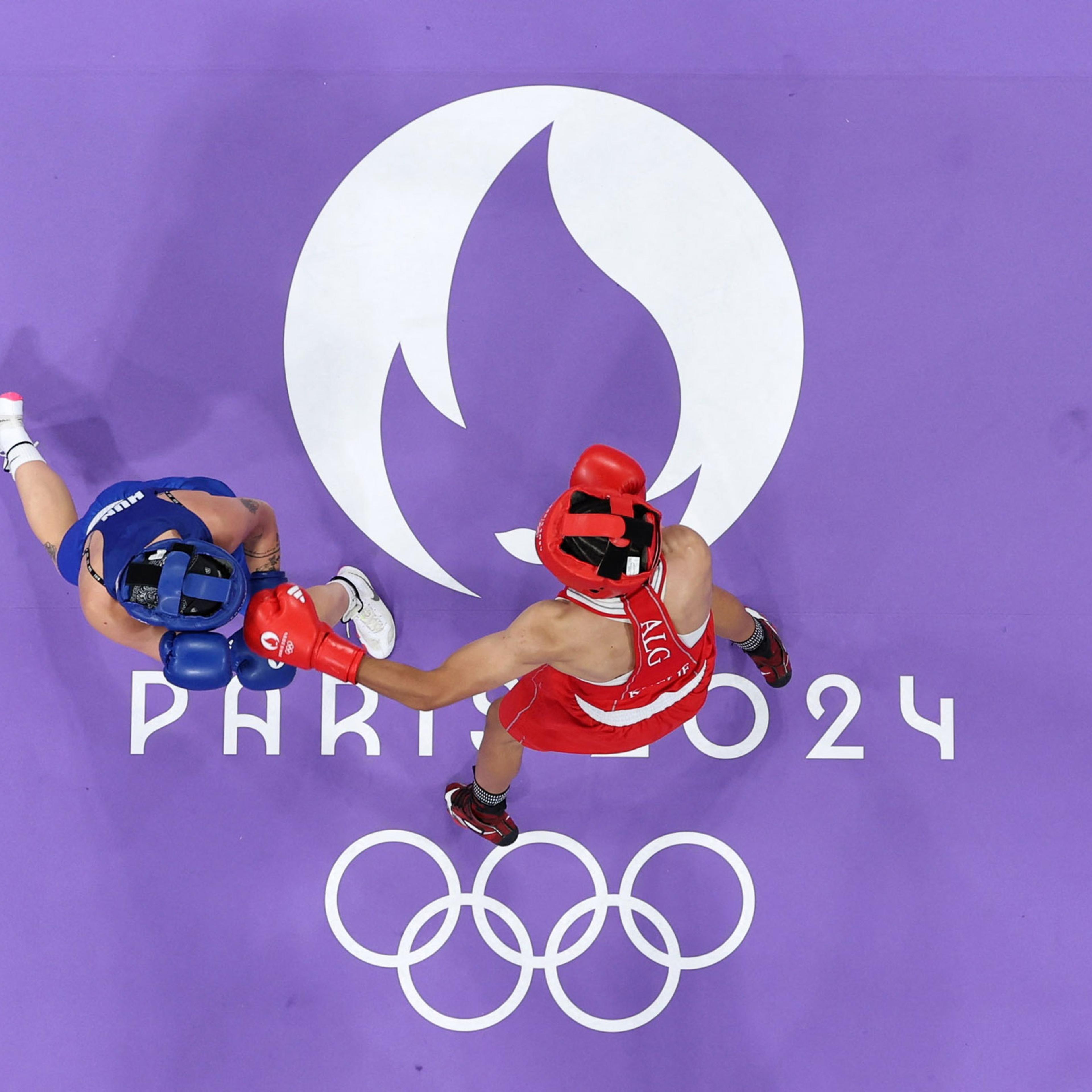 Imane Khelif of Algeria in action with Anna Luca Hamori of Hungary in the Women’s 66kg Quarterfinal.