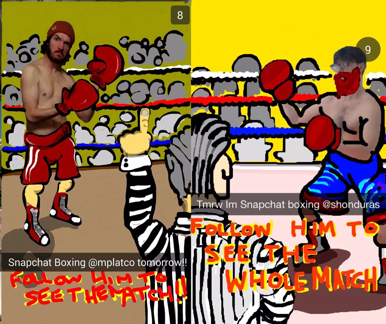 Snapchatters Shonduras and Mplatco sent their followers disappearing photos of them boxing