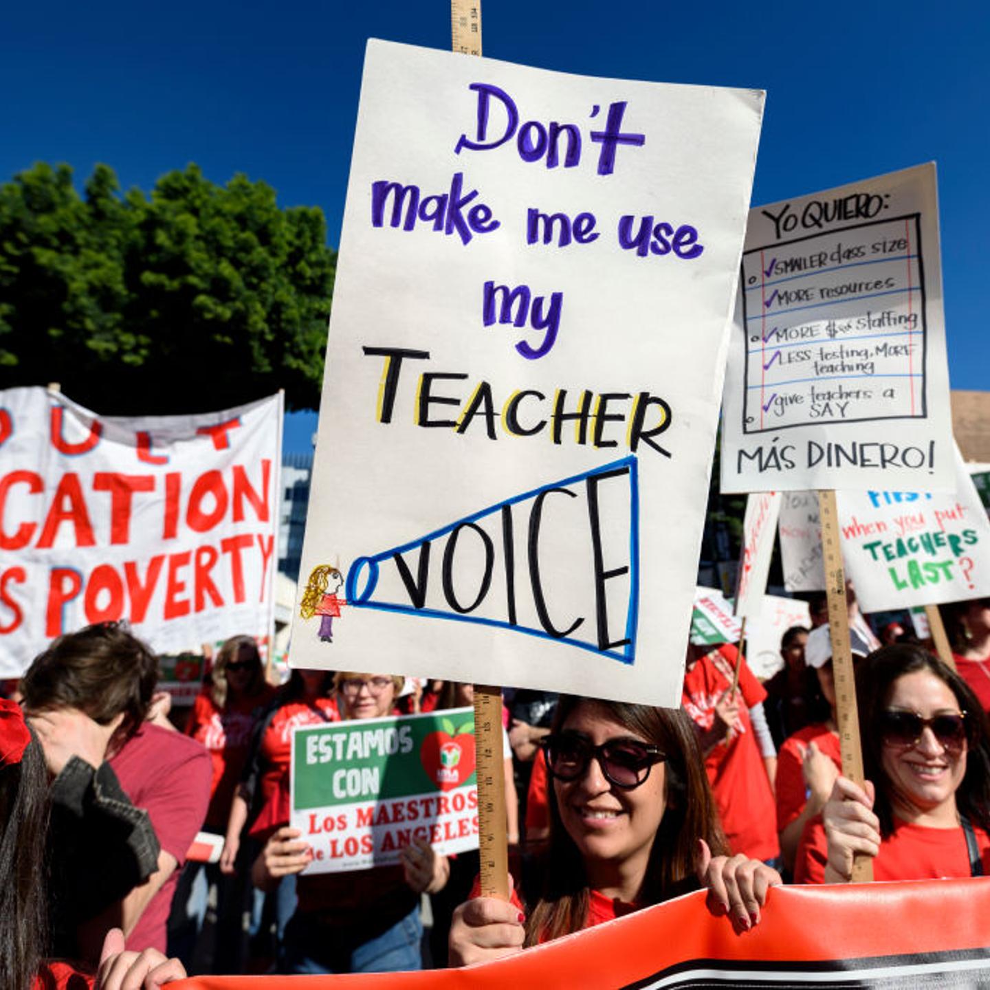 Teachers and supporters of public education march against education funding cuts during the March for Public Education in Los Angeles