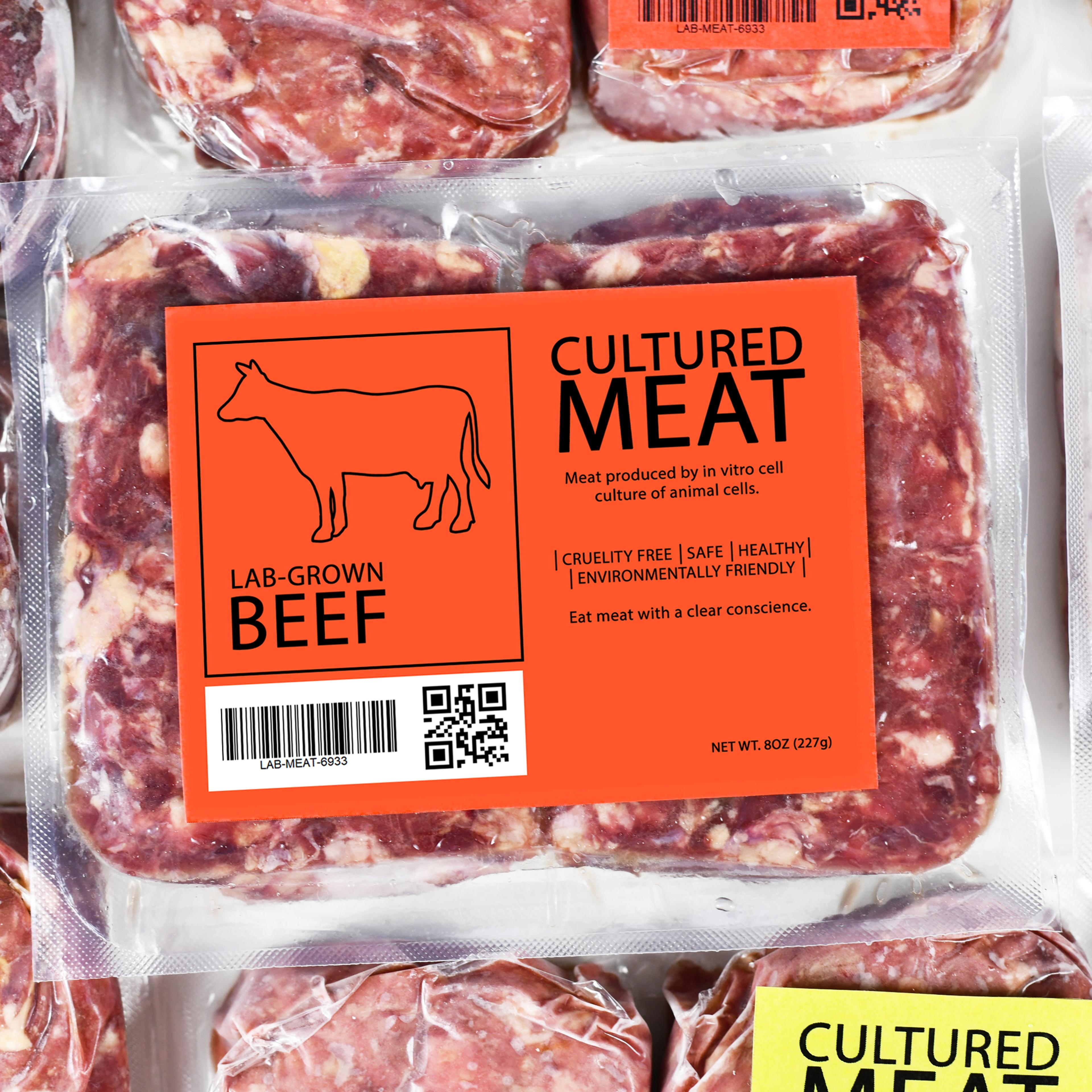 Cultured beef meat concept for artificial in vitro cell culture meat production with frozen packed raw meat with label