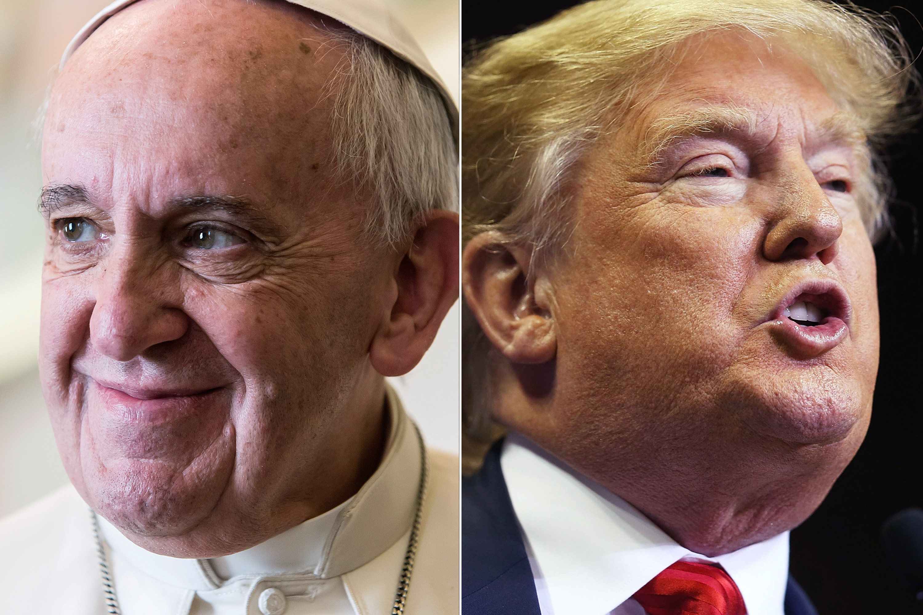 Pope francis in Vatican City on Dec. 14, 2015 (L); Donald Trump in Tampa, Florida on Feb. 12, 2016.