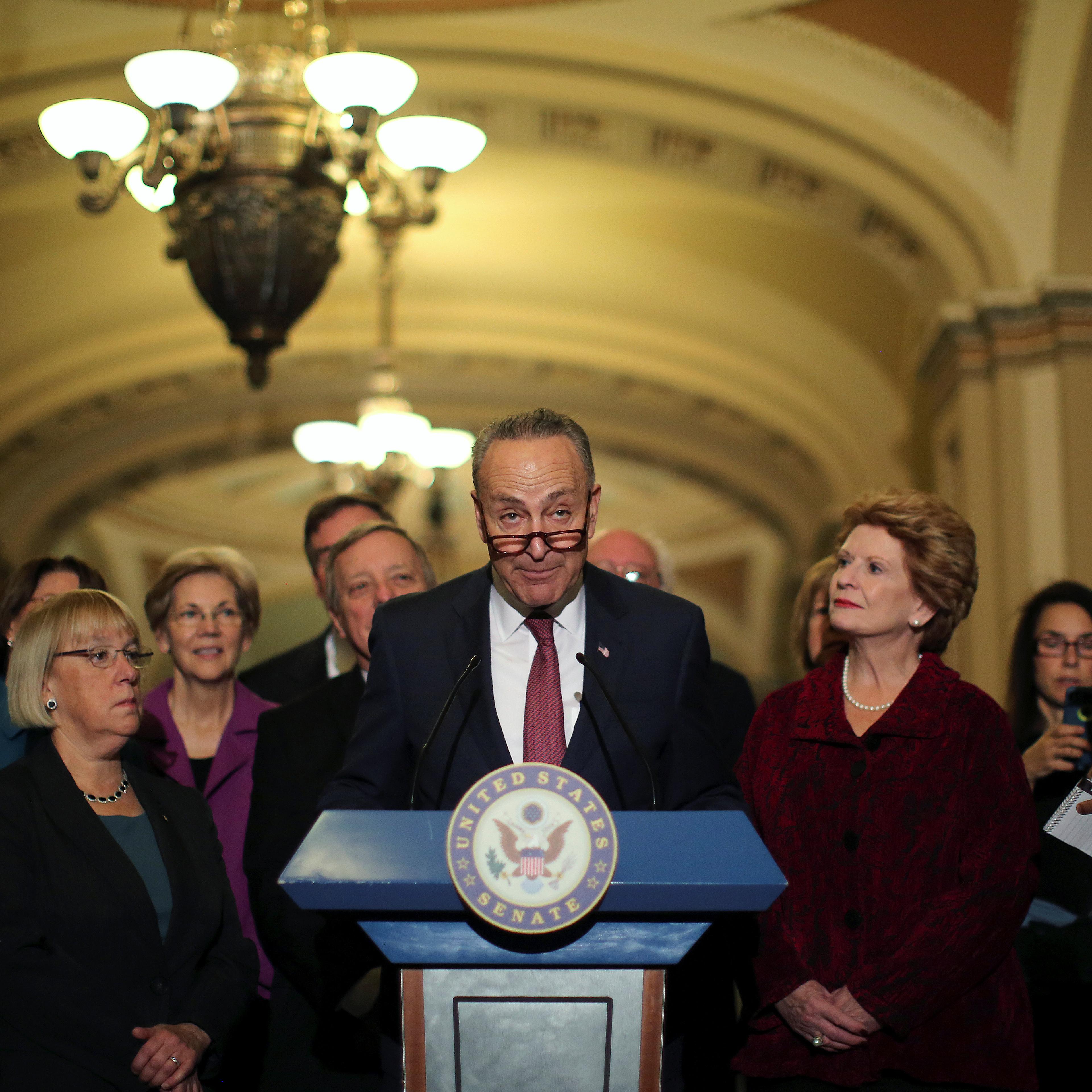 Senator Chuck Schumer (D-NY), flanked by fellow Senate Democrats, talks to journalists after the Senate Democrat party leadership elections in Washington, Nov. 16, 2016.