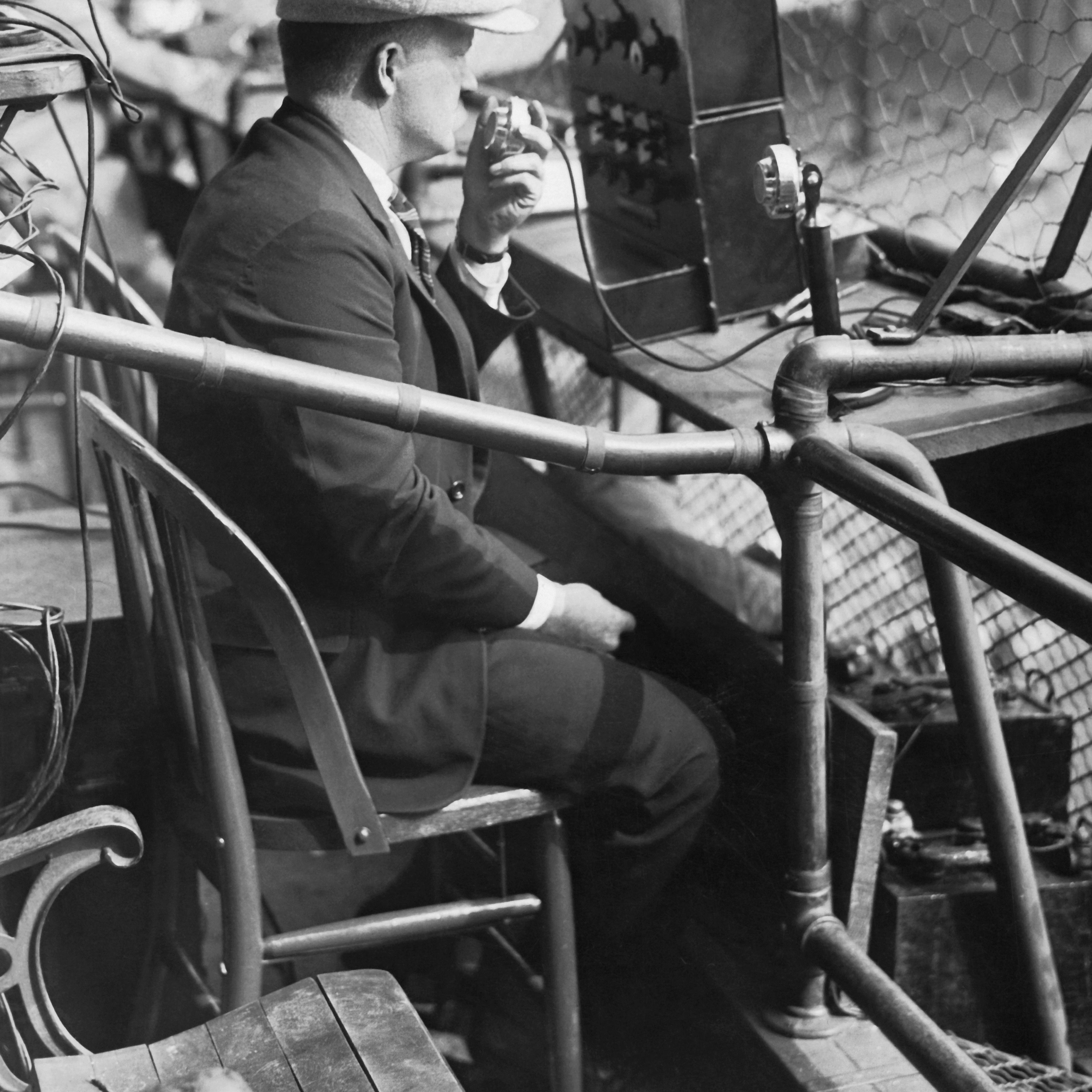 An AT&T engineer tests out an equipment for broadcasting the third game of the 1924 World Series at the Polo Grounds in New York City on Oct. 6, 1924.