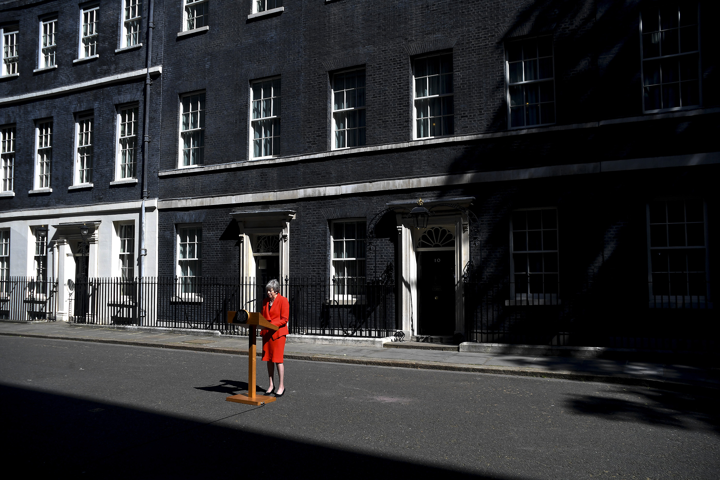 British Prime Minister Theresa May announces her resignation outside 10 Downing Street in London on May 24, 2019.
