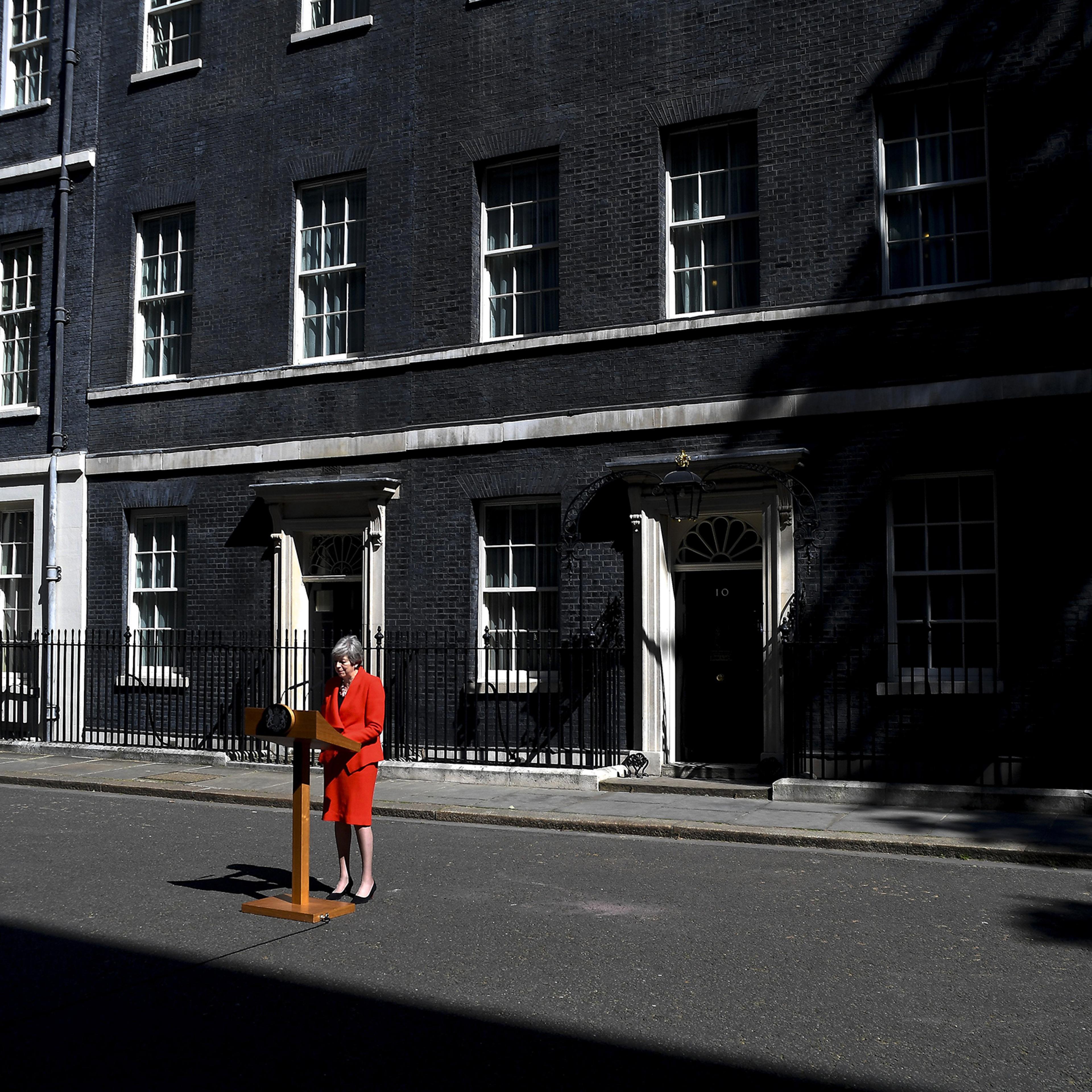 British Prime Minister Theresa May announces her resignation outside 10 Downing Street in London on May 24, 2019.