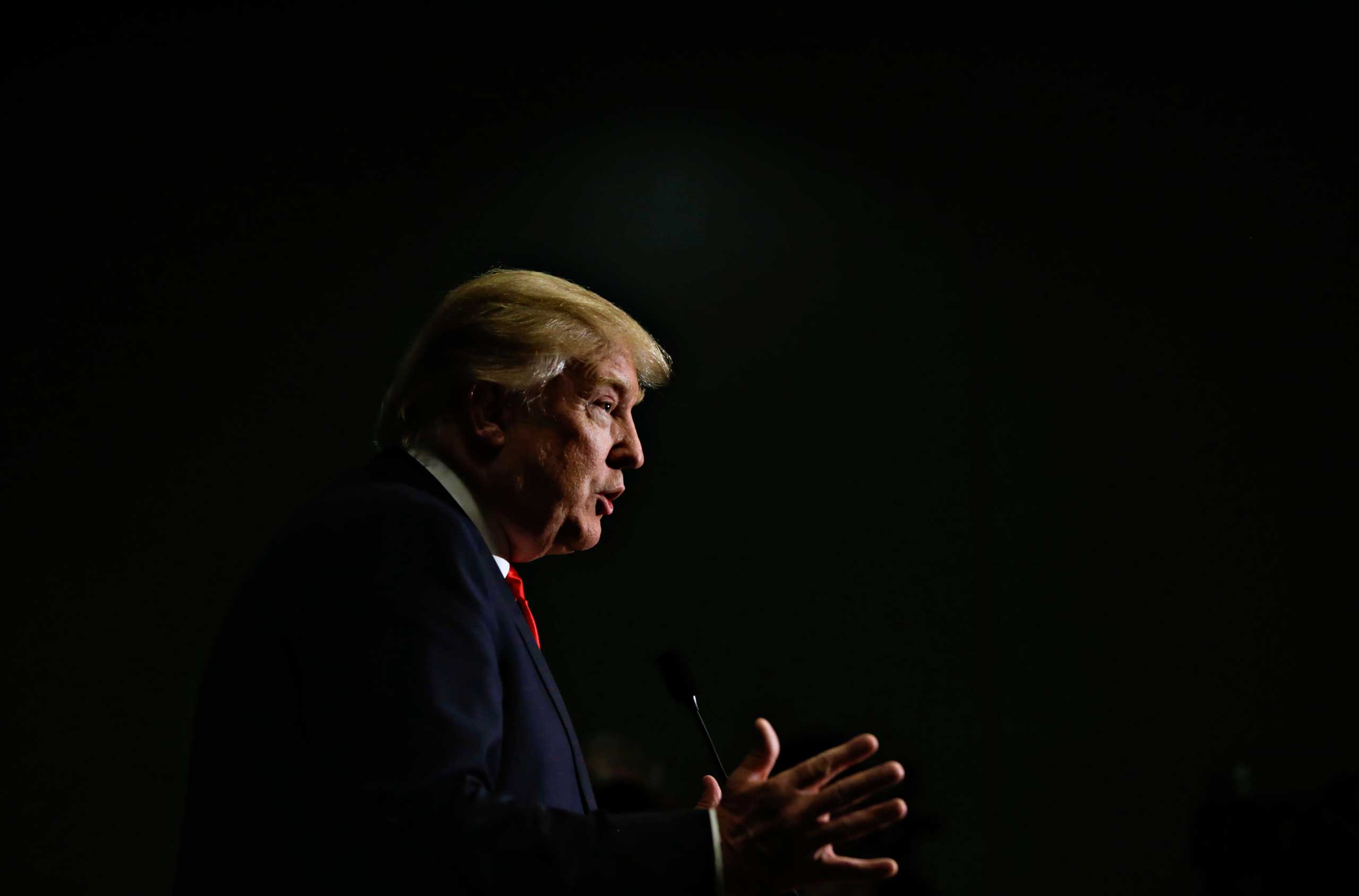 Donald Trump speaks during a news conference ahead of a rally at Grand River Center in Dubuque, Iowa, on Aug. 25, 2015.