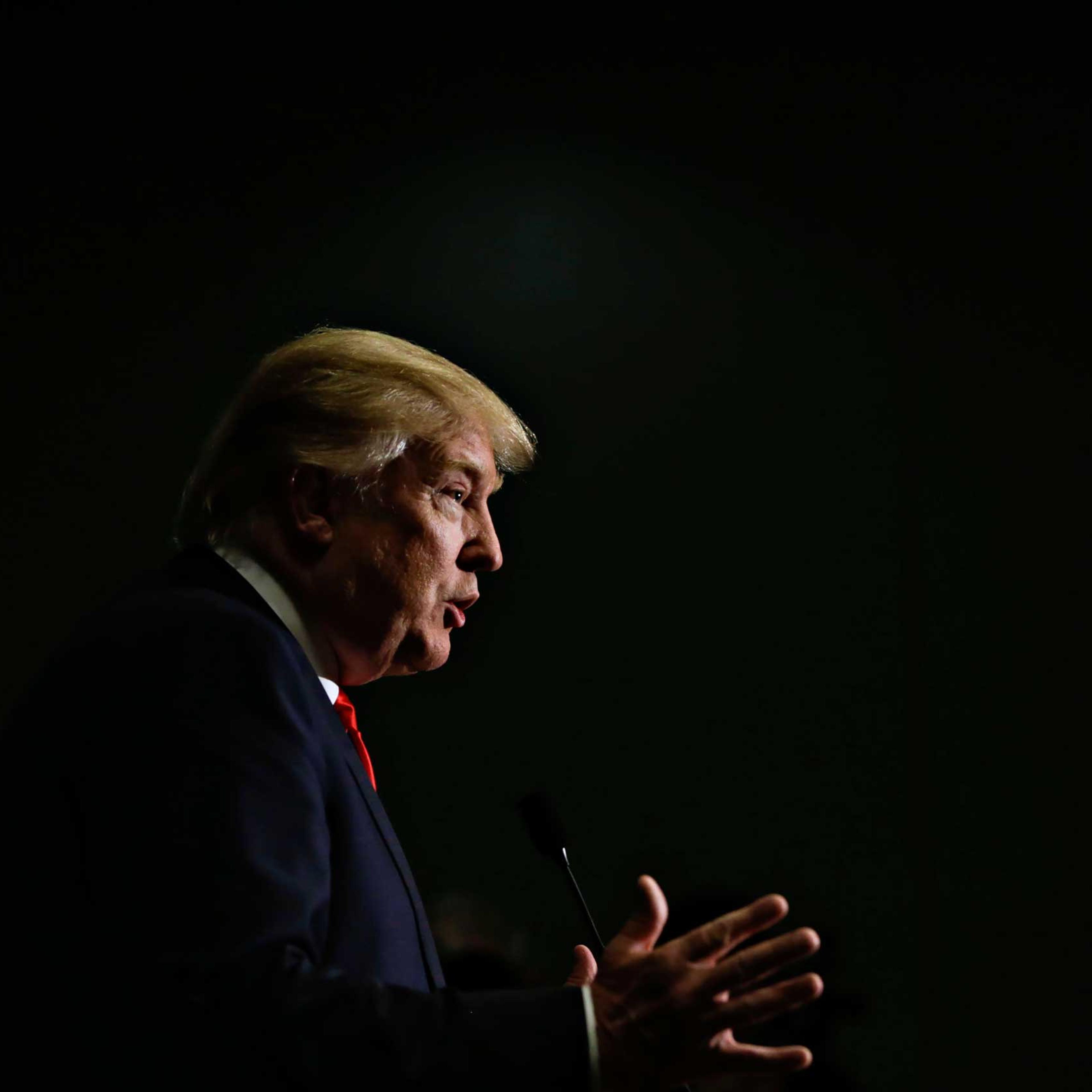 Donald Trump speaks during a news conference ahead of a rally at Grand River Center in Dubuque, Iowa, on Aug. 25, 2015.