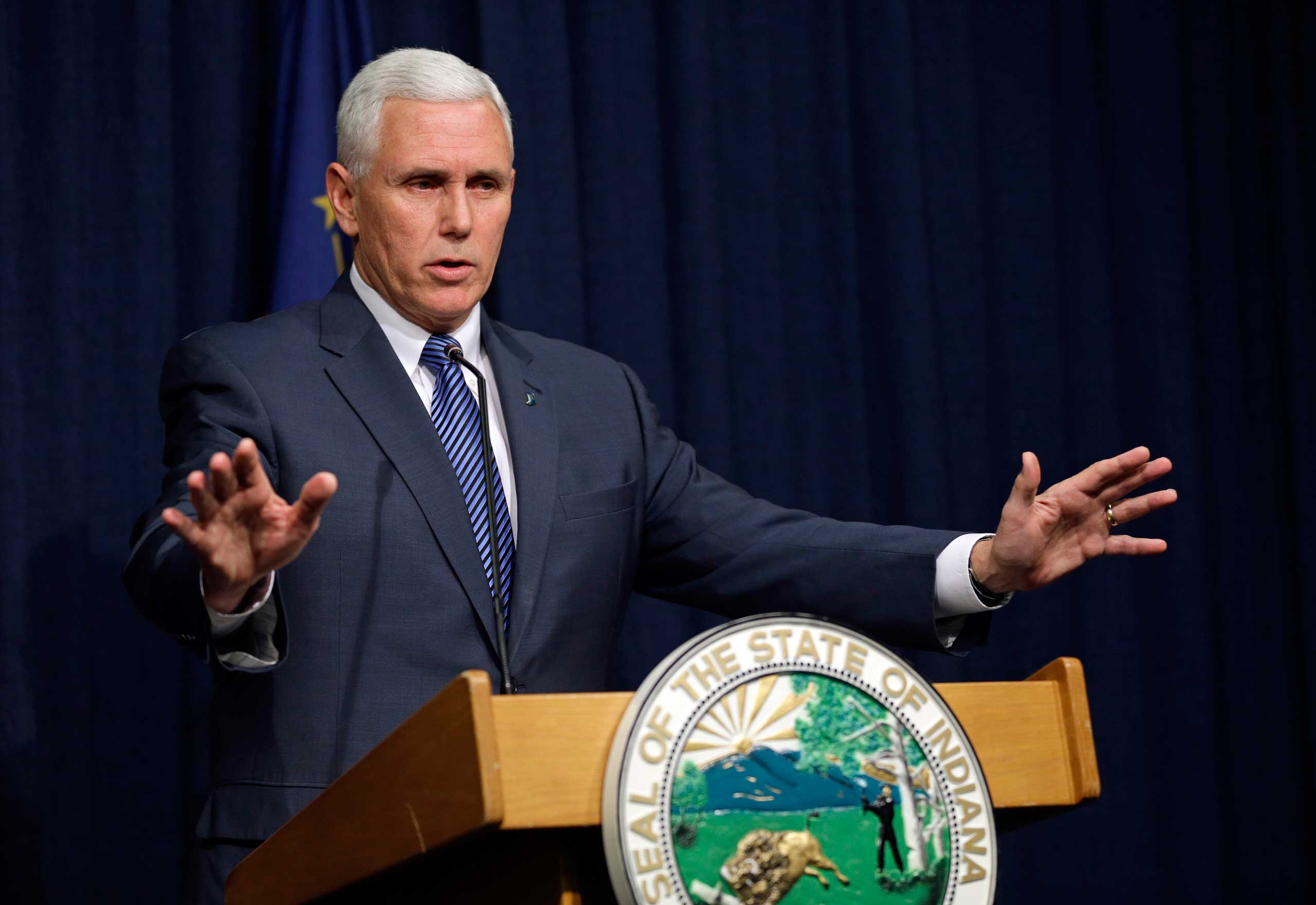 Indiana Gov. Mike Pence holds a news conference at the Statehouse in Indianapolis, Thursday, March 26, 2015.