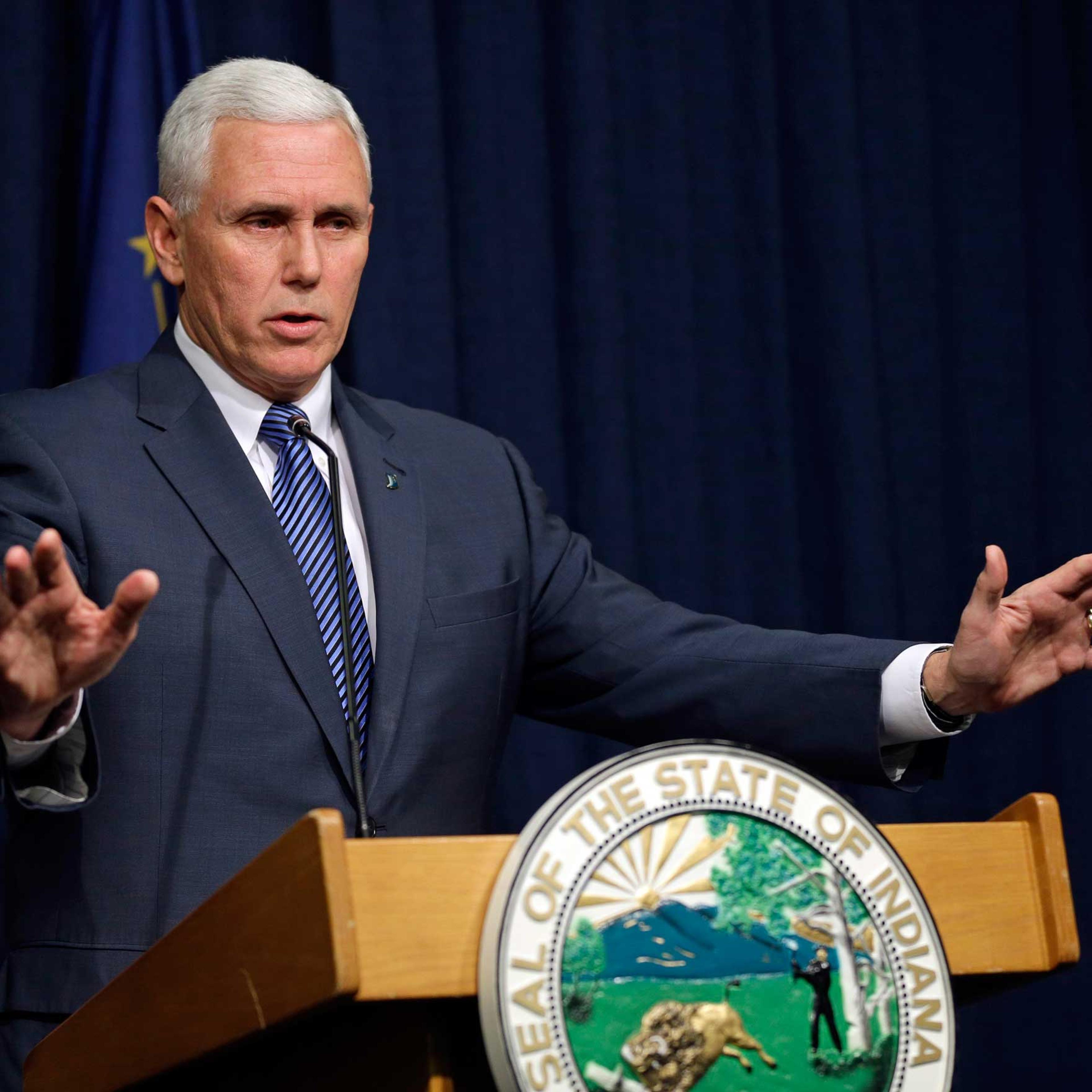Indiana Gov. Mike Pence holds a news conference at the Statehouse in Indianapolis, Thursday, March 26, 2015.