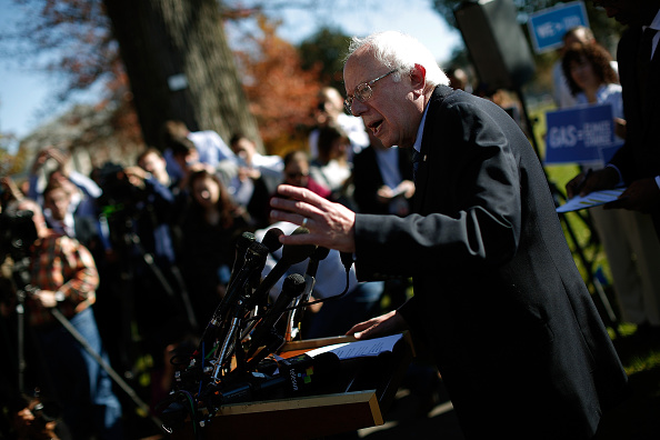 Democratic presidential candidate Sen. Bernie Sanders (I-VT) delivers remarks during a news conference introducing the "Keep Fossil Fuels in the Ground Act of 2015Ó outside the U.S. Capitol November 4, 2015 in Washington, DC.