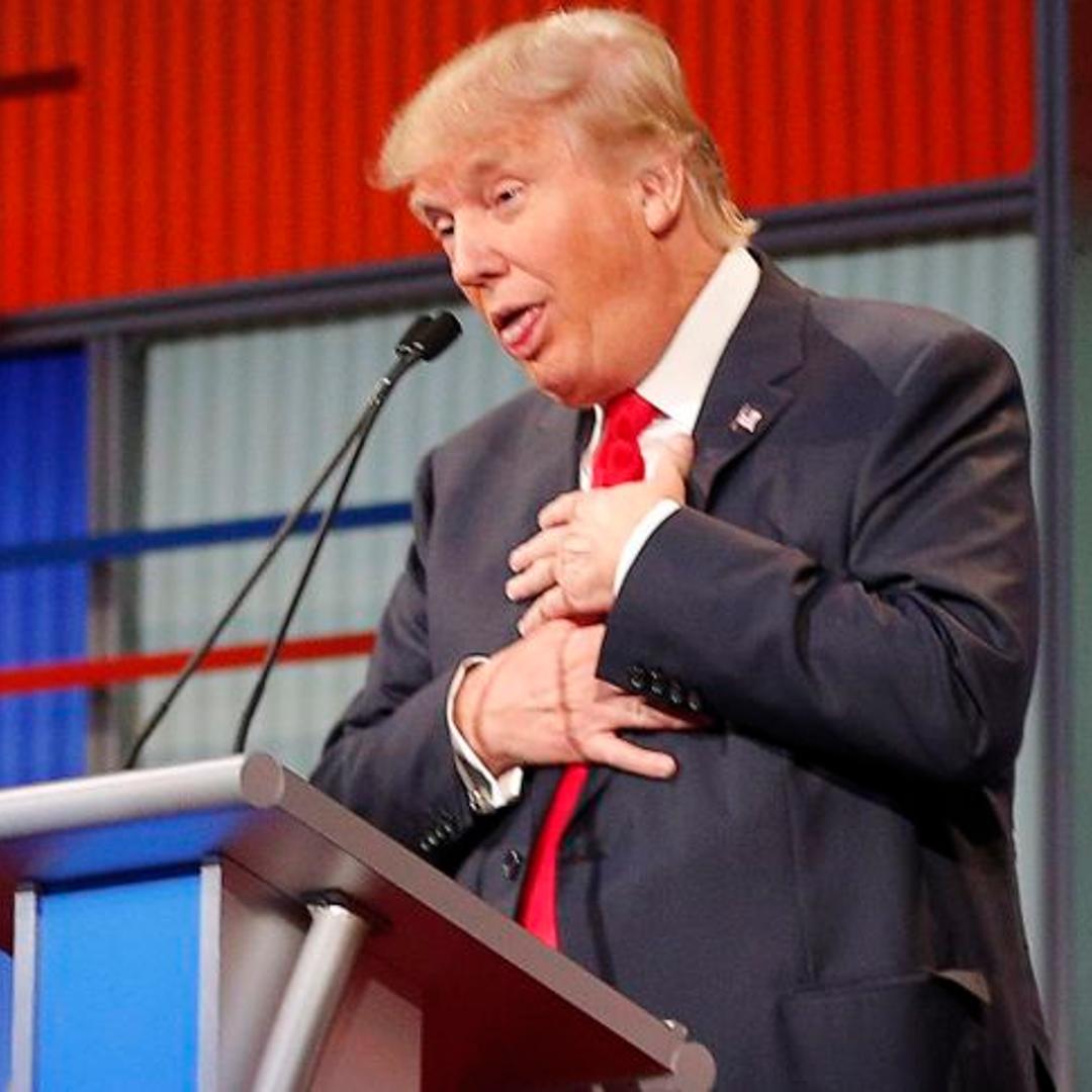 Republican 2016 U.S. presidential candidate and businessman Donald Trump reacts near the end of the first official Republican presidential candidates debate of the 2016 U.S. presidential campaign in Cleveland