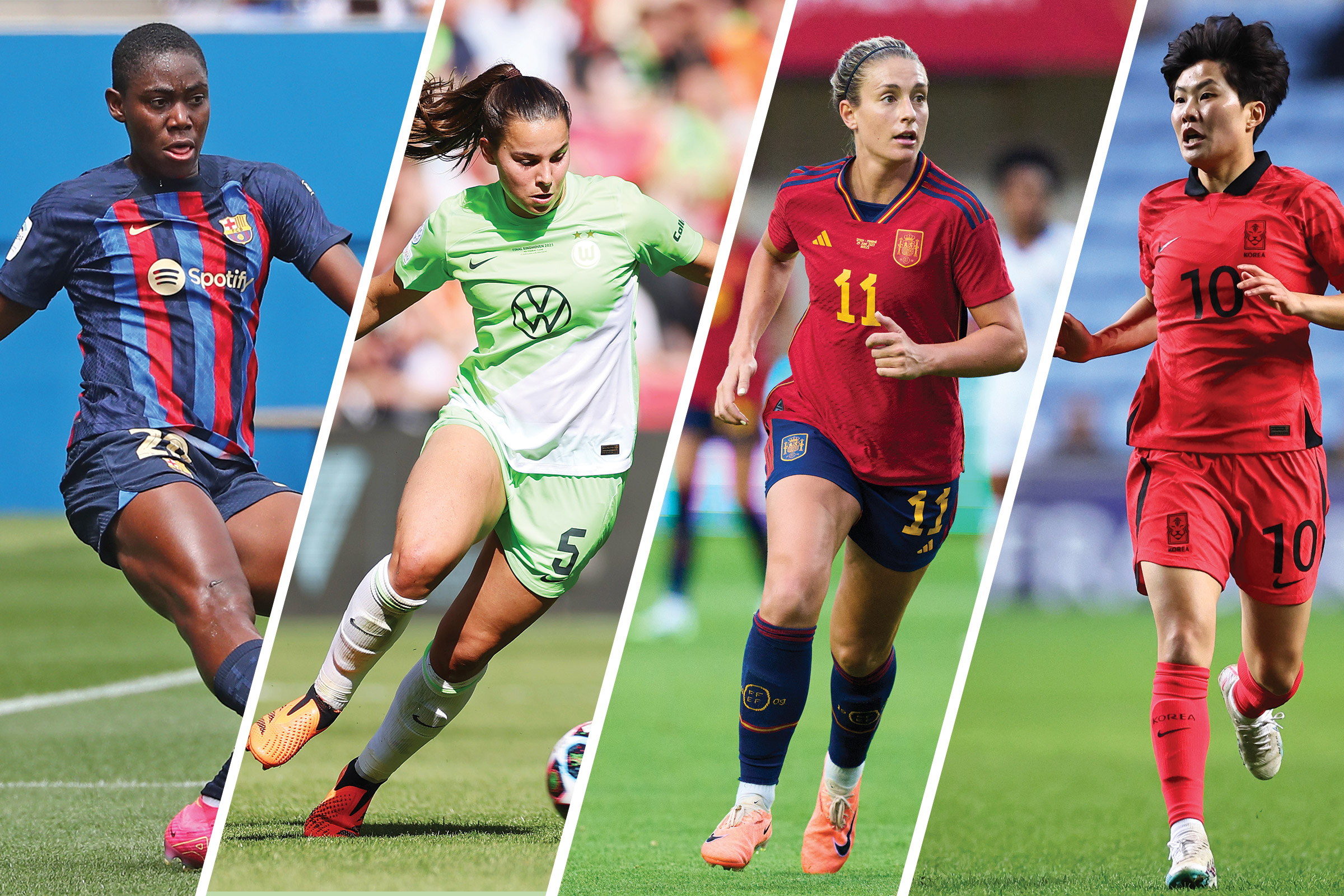 L to R: Asisat Oshoala of Nigeria, Lena Oberdorf of Germany, Alexia Putellas of Spain, Ji So-yun of South Korea