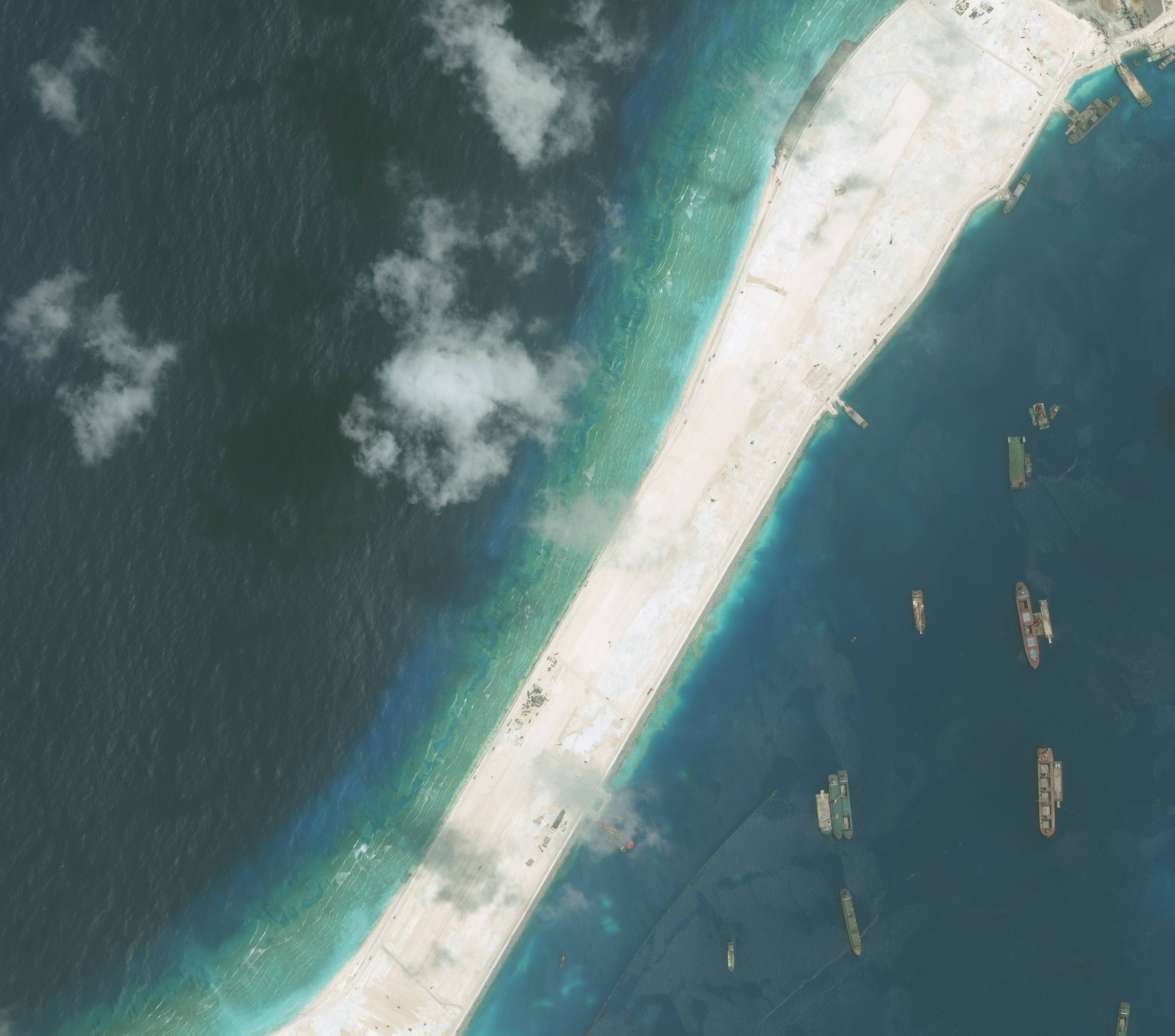 DigitalGlobe high-resolution imagery of the Subi Reef in the South China Sea, a part of the Spratly Islands group. Photo DigitalGlobe via Getty Images.