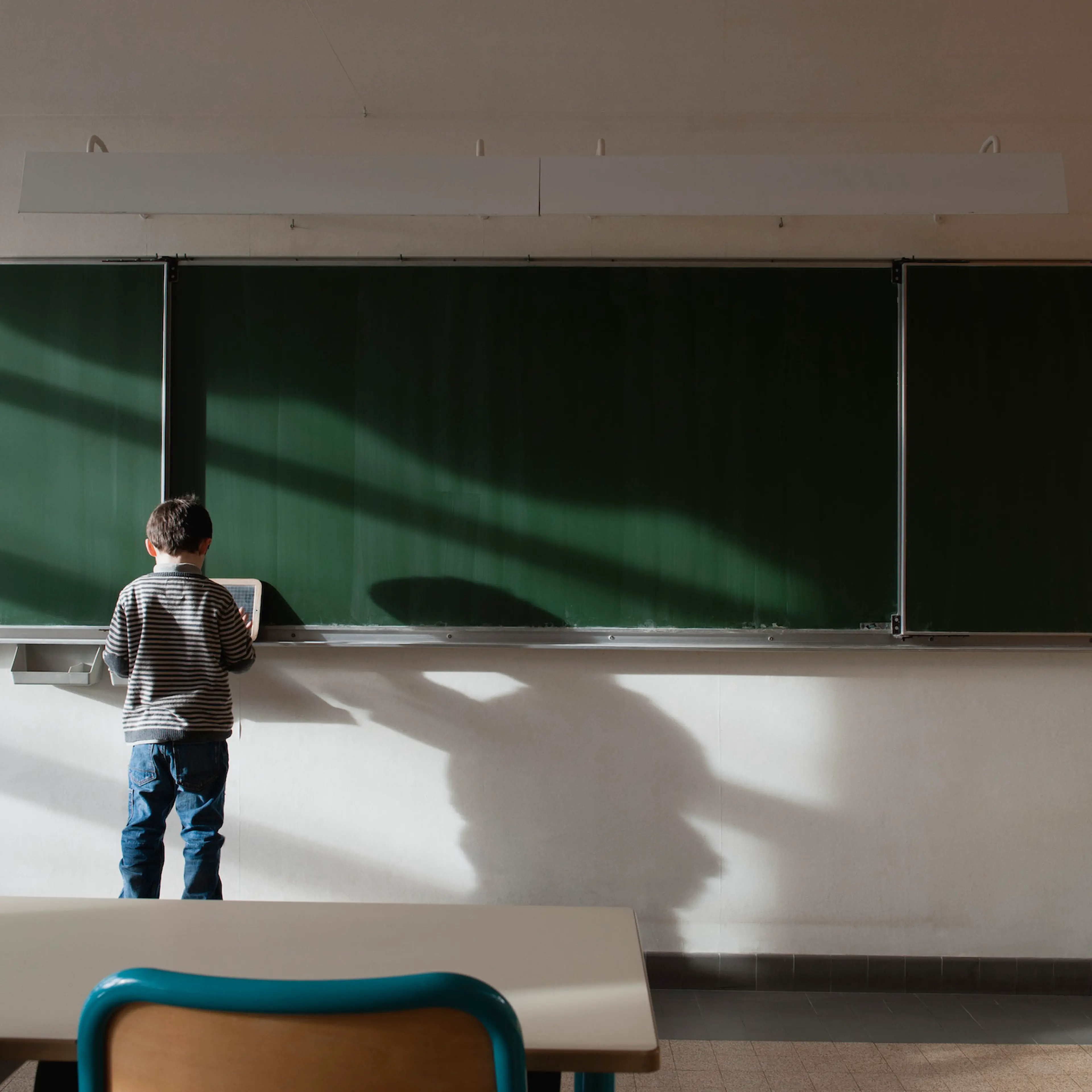 Boy standing in classroom, in front of blackboard, rear view
