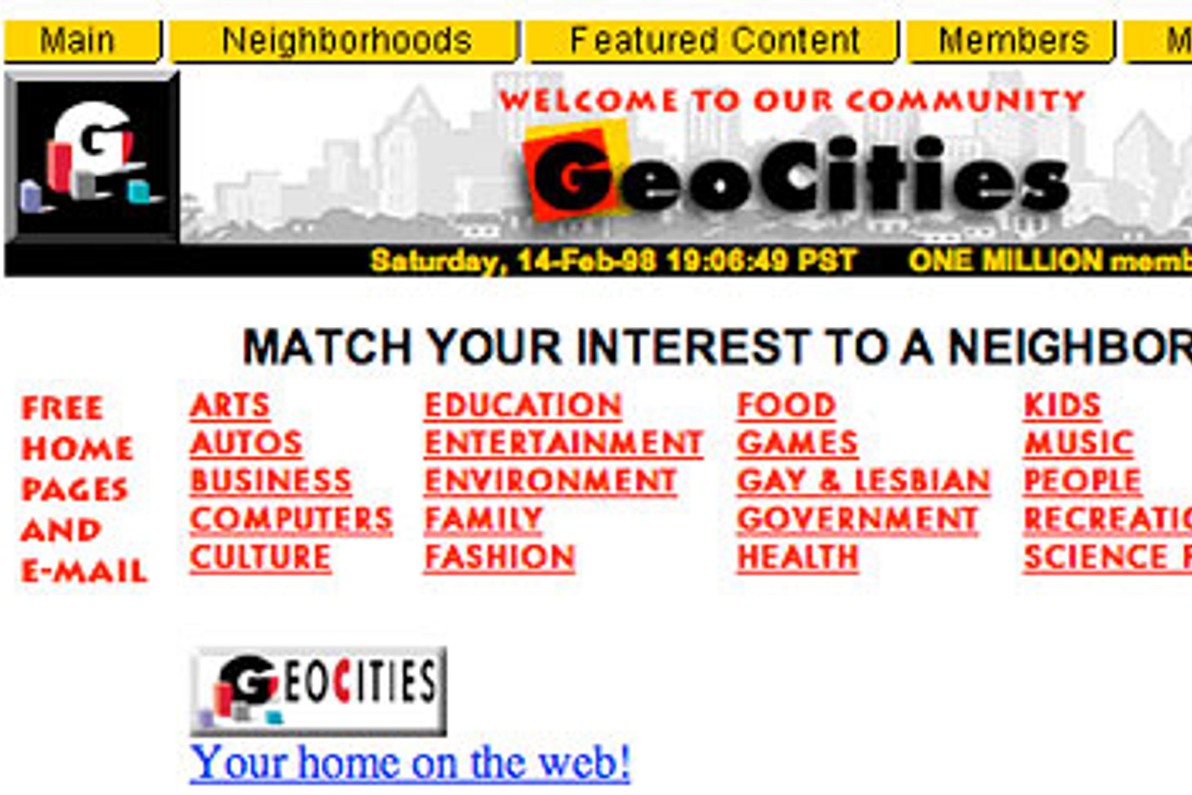The GeoCities home page in 1998