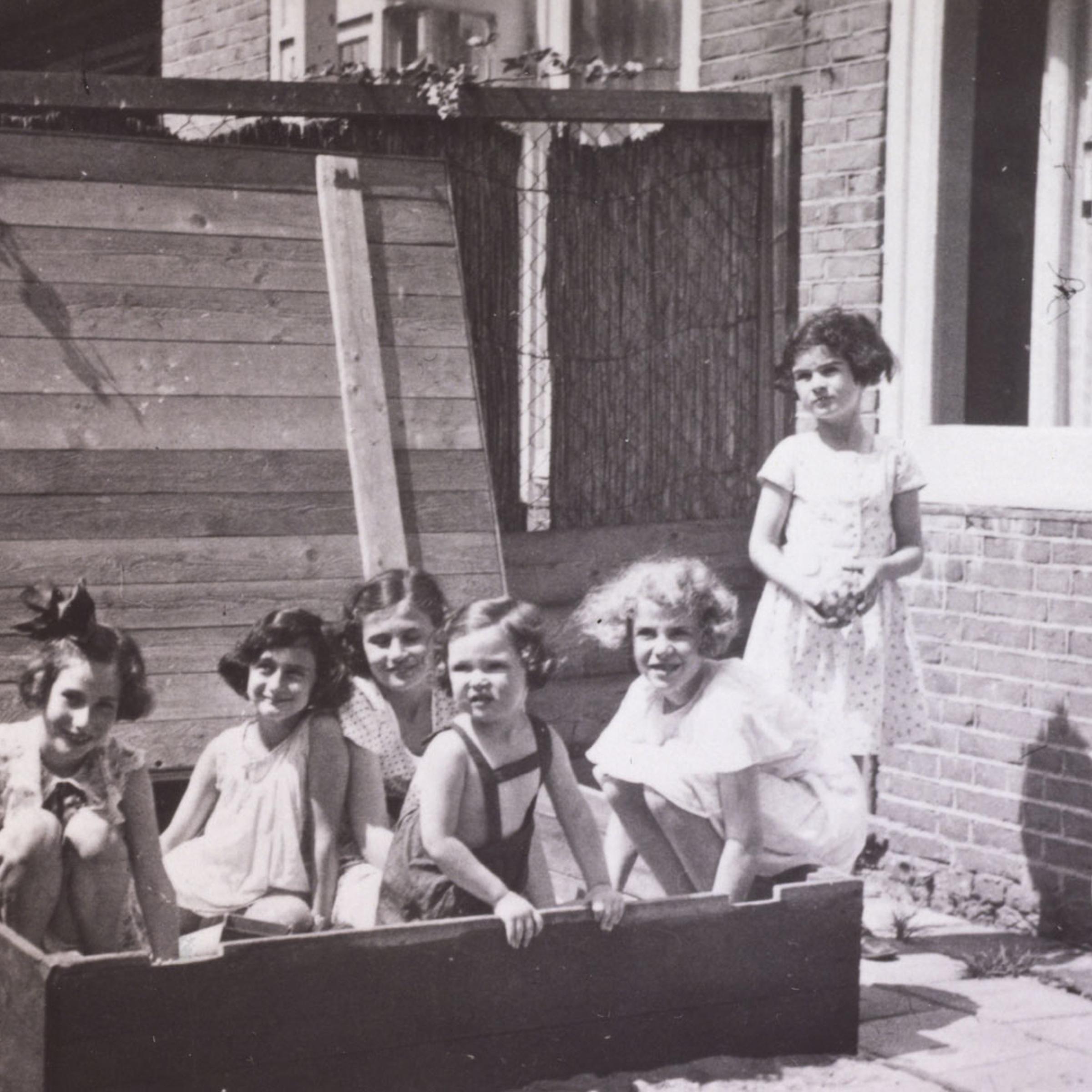 Left to right: Hanneli Goslar (a.k.a., "Lies Goosens" in early editions of the Diary), Anne Frank, Dolly Citroen, Hannah Toby, Barbara Ledermann and Susanne Ledermann (standing), Amsterdam, 1937.
