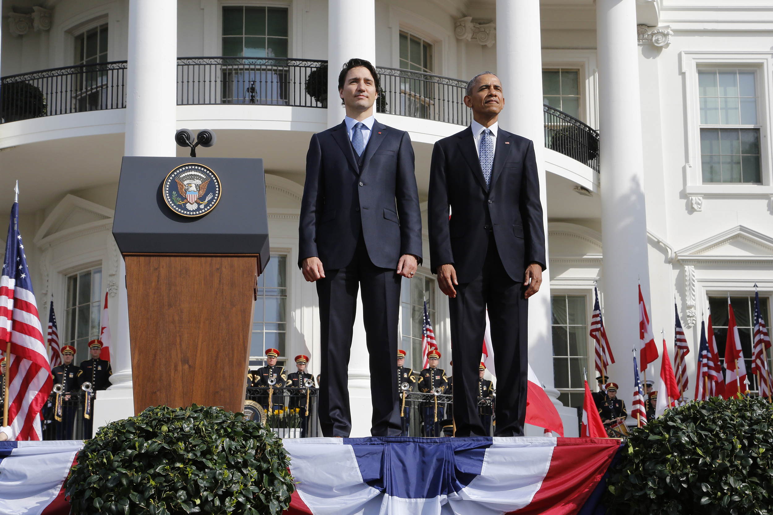 U.S. President Barack Obama and Canadian Prime Minister Justin Trudeau during the arrival ceremony at the White House in Washington on March 10, 2016.