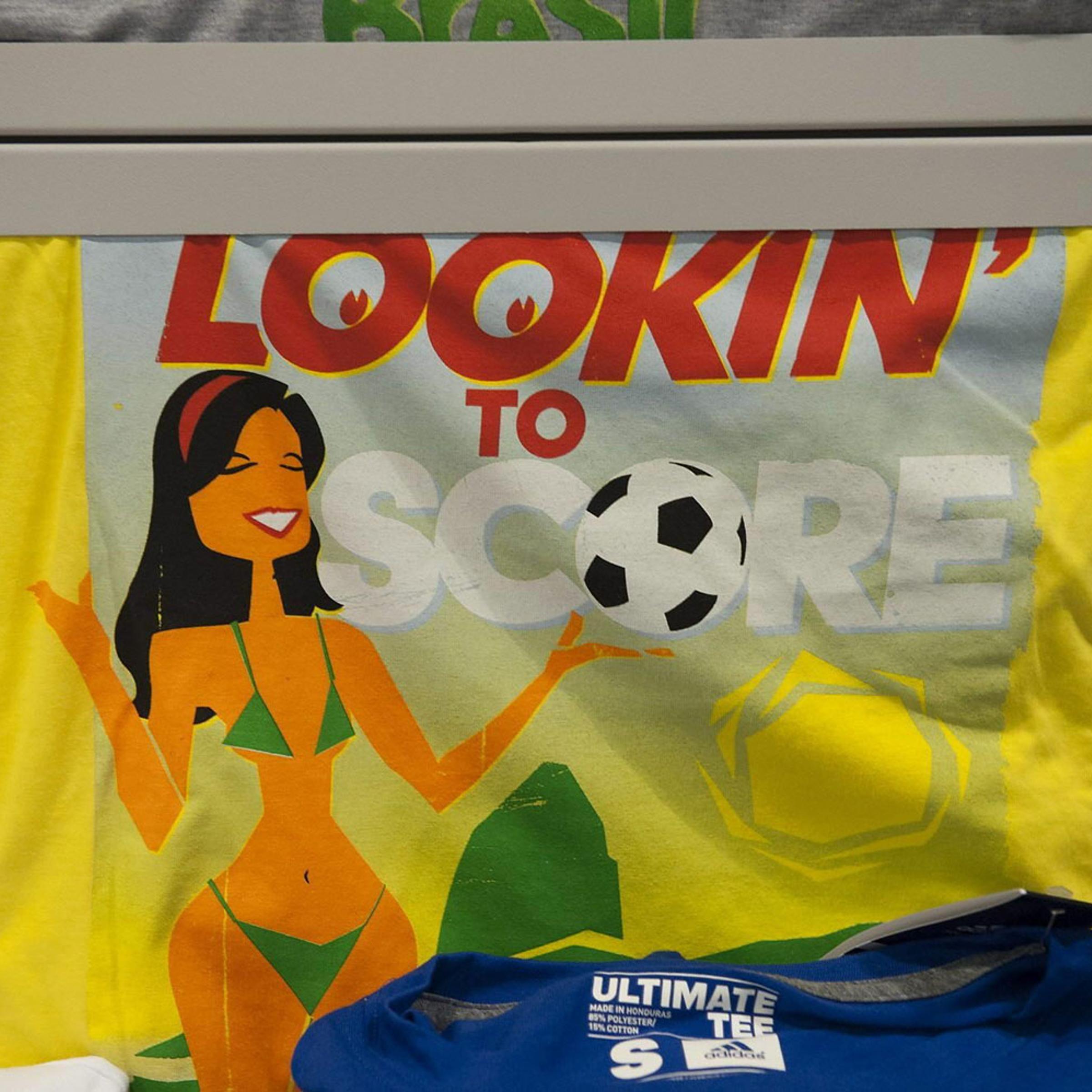 Detail of Adidas' Brazil 2014 World Cup t-shirts seen in a shop in San Francisco, Feb. 25, 2014.