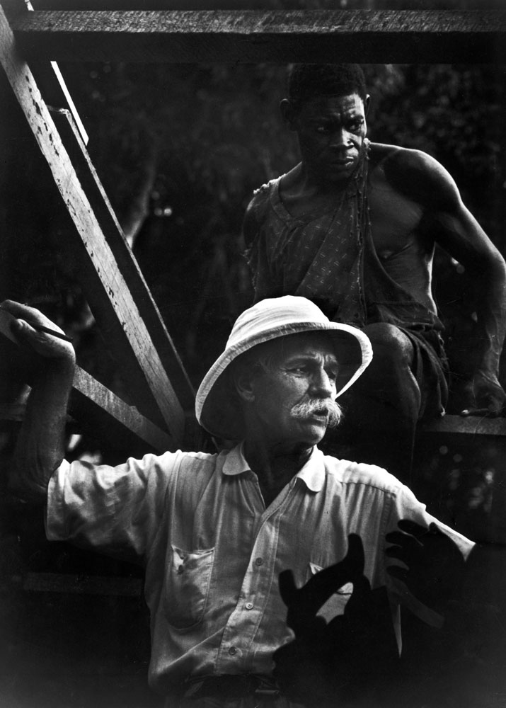 Albert Schweitzer supervises the building of a hospital in Gabon, West Africa, 1952.