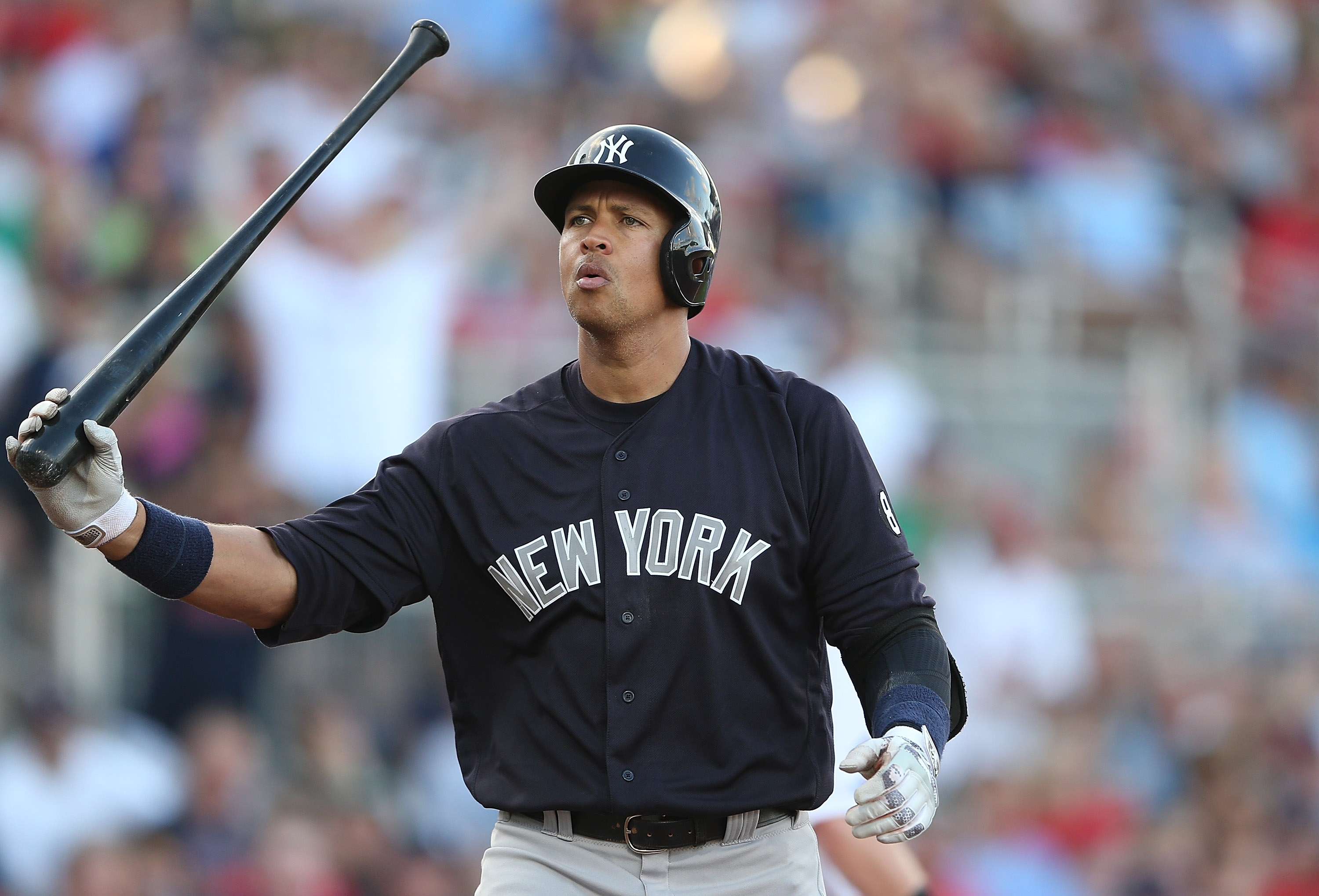 Alex Rodriguez #13 of the New York Yankees reacts after striking out in the first inning of the Spring Training Game against the Boston Red Sox on March 15, 2016 at Jet Blue Park at Fenway South, Fort Myers, Florida.