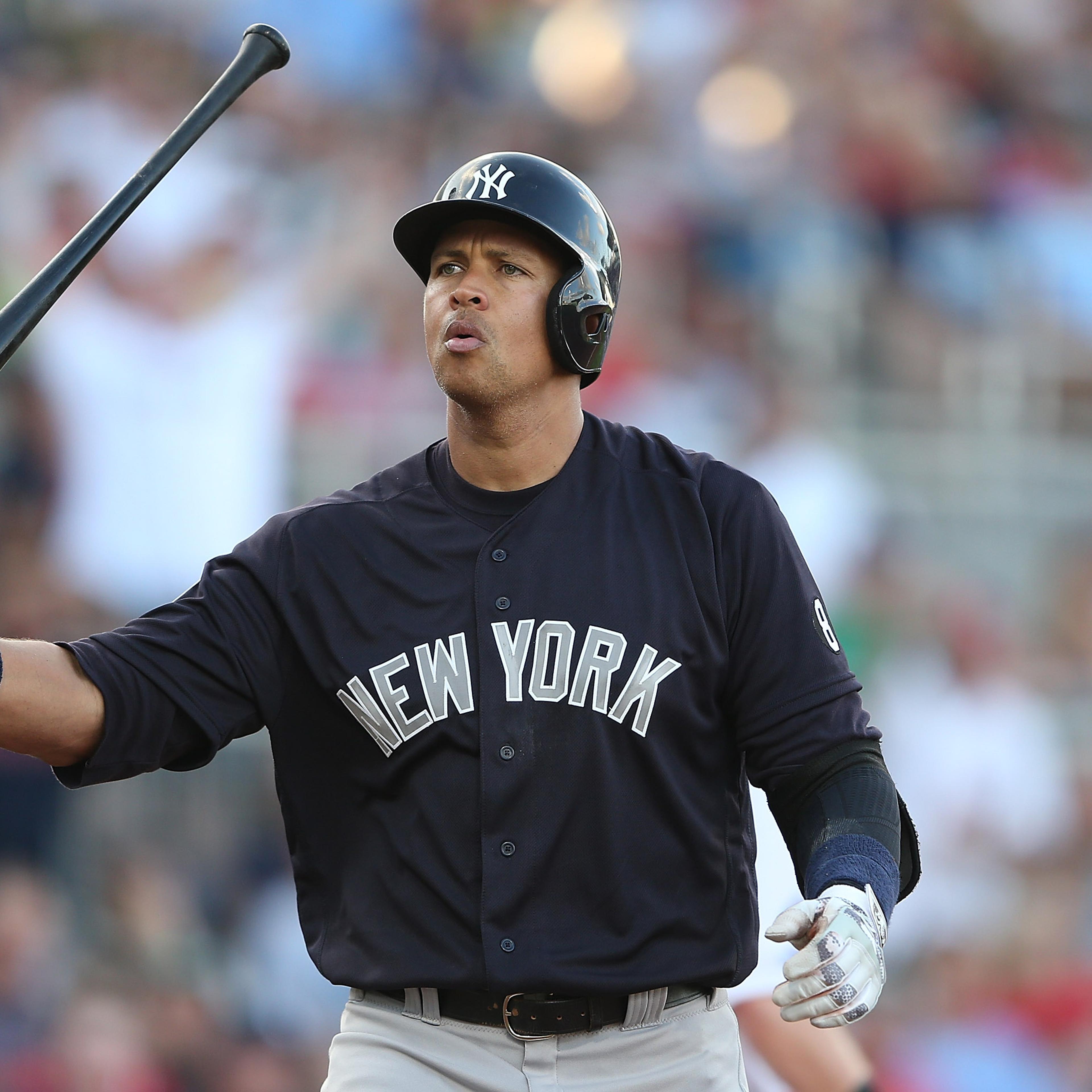 Alex Rodriguez #13 of the New York Yankees reacts after striking out in the first inning of the Spring Training Game against the Boston Red Sox on March 15, 2016 at Jet Blue Park at Fenway South, Fort Myers, Florida.