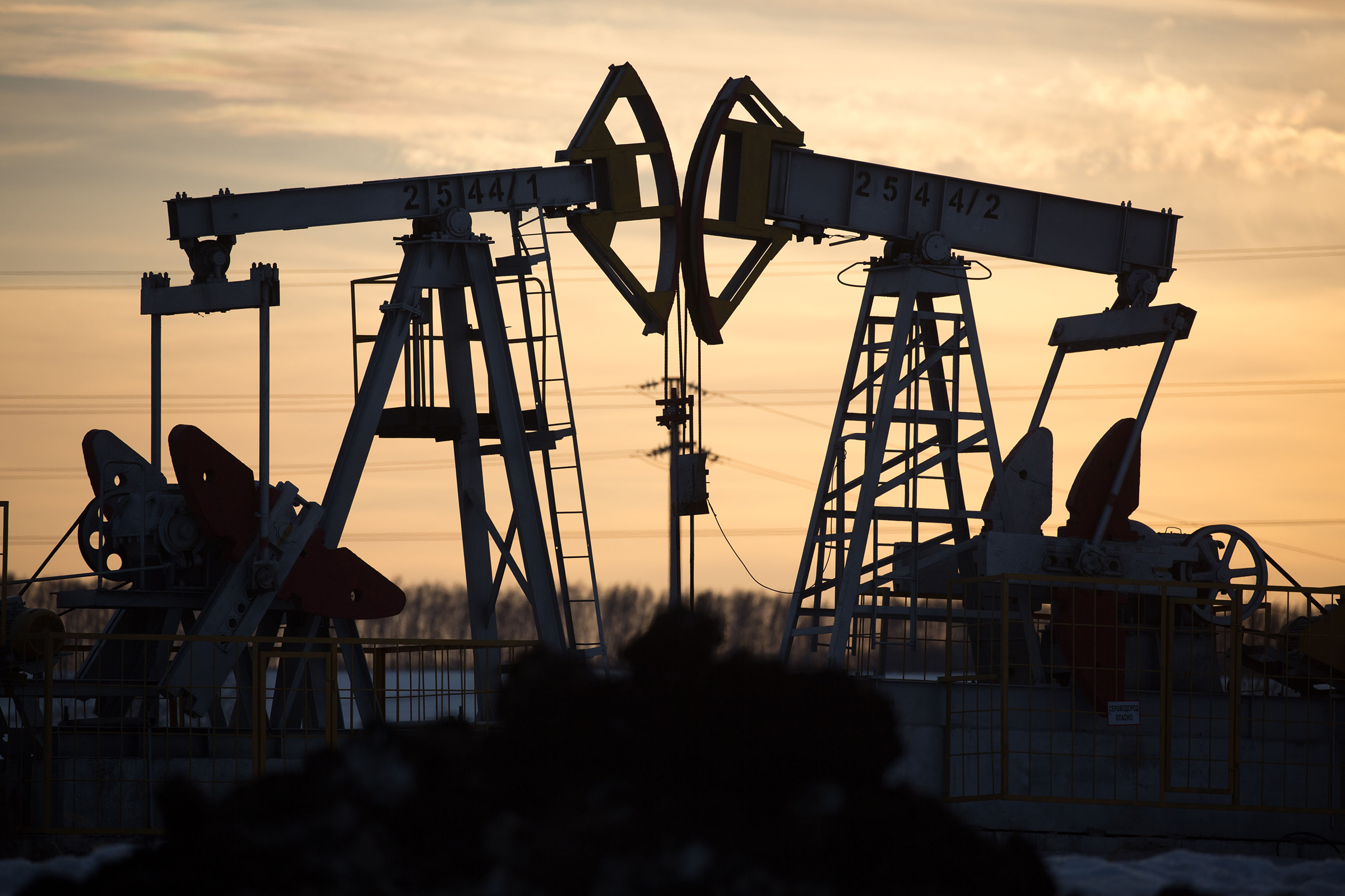 Oil pumping jacks, also known as "nodding donkeys", operate in an oilfield near Almetyevsk, Tatarstan, Russia, on March 11.
