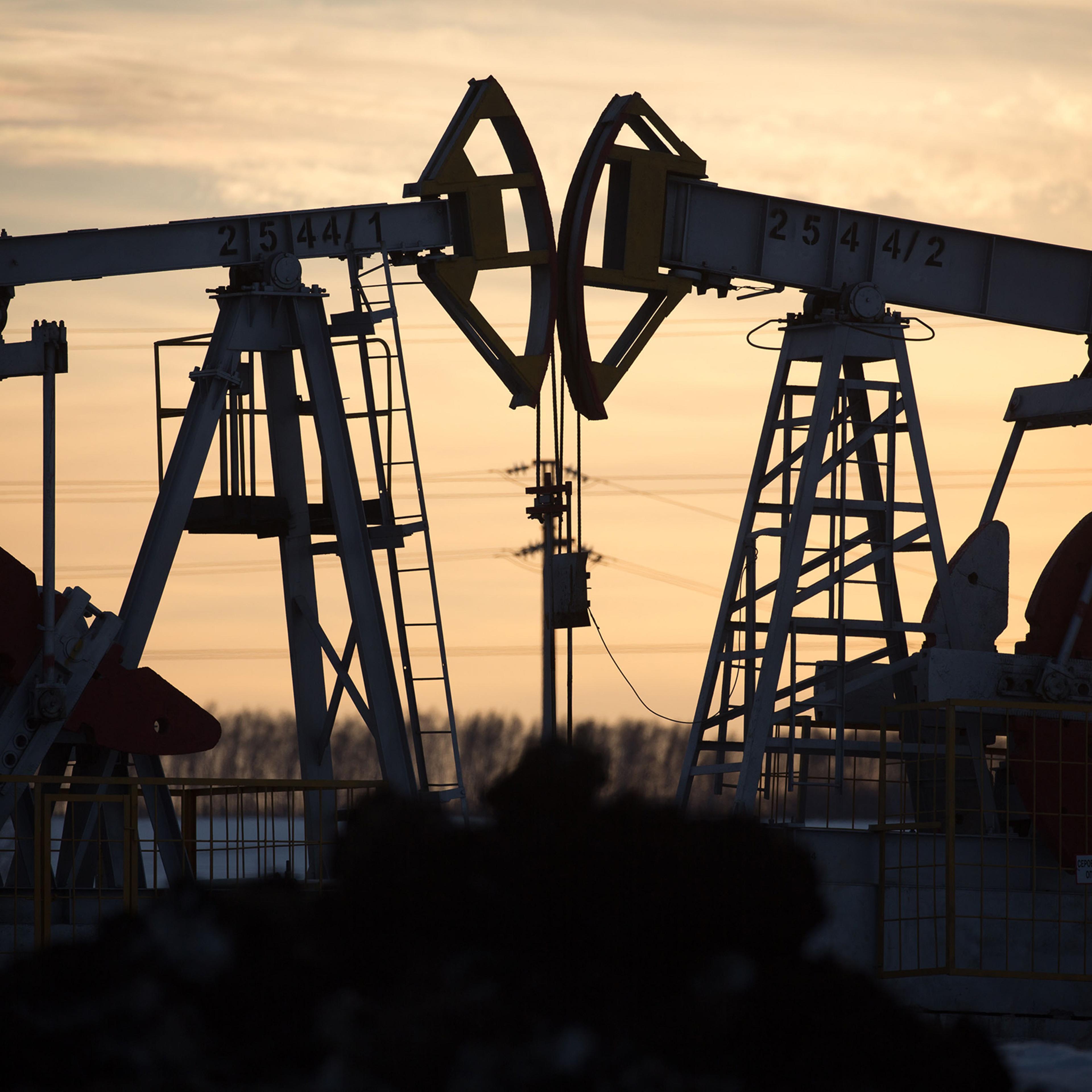 Oil pumping jacks, also known as "nodding donkeys", operate in an oilfield near Almetyevsk, Tatarstan, Russia, on March 11.