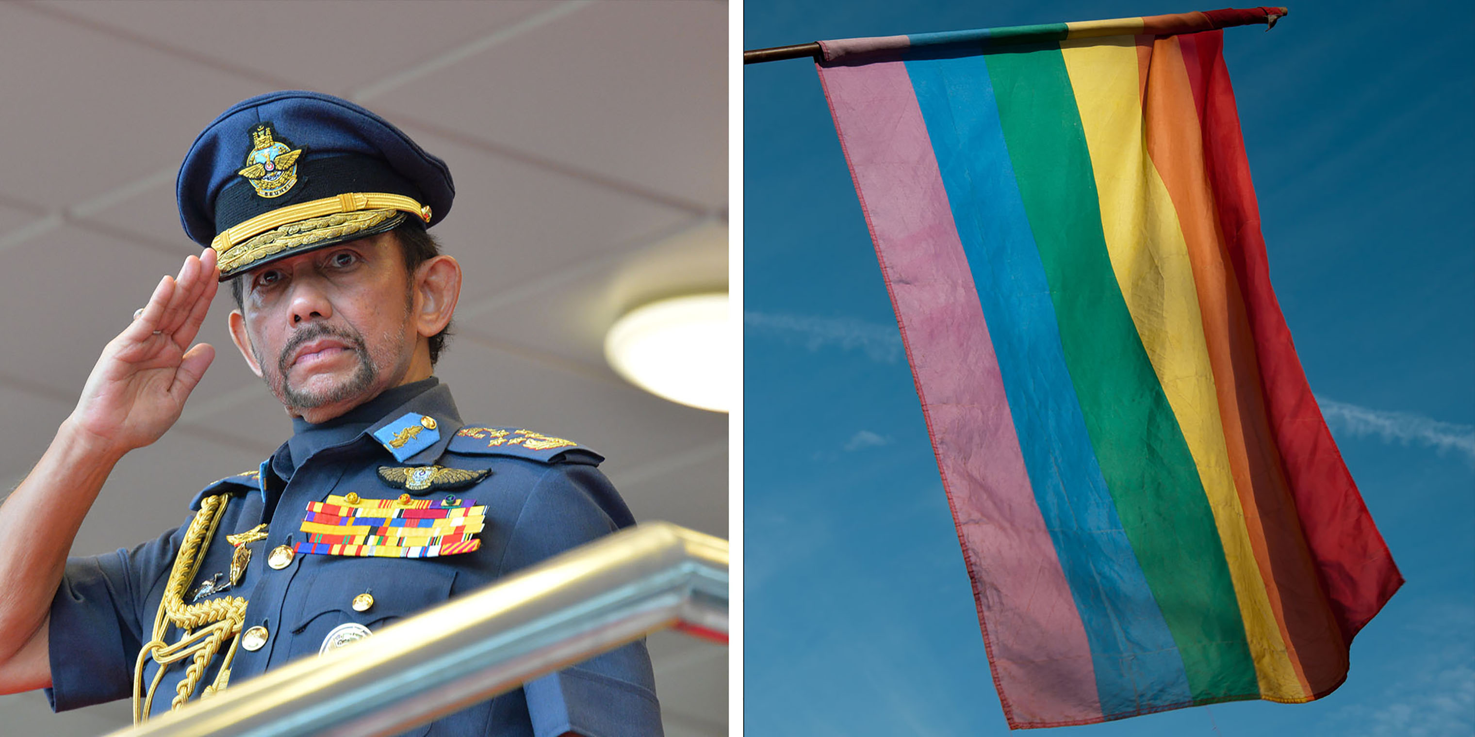 <i>Left</i> Brunei's Sultan Haji Hassanal Bolkiah. <i>Right</i> A rainbow flag.