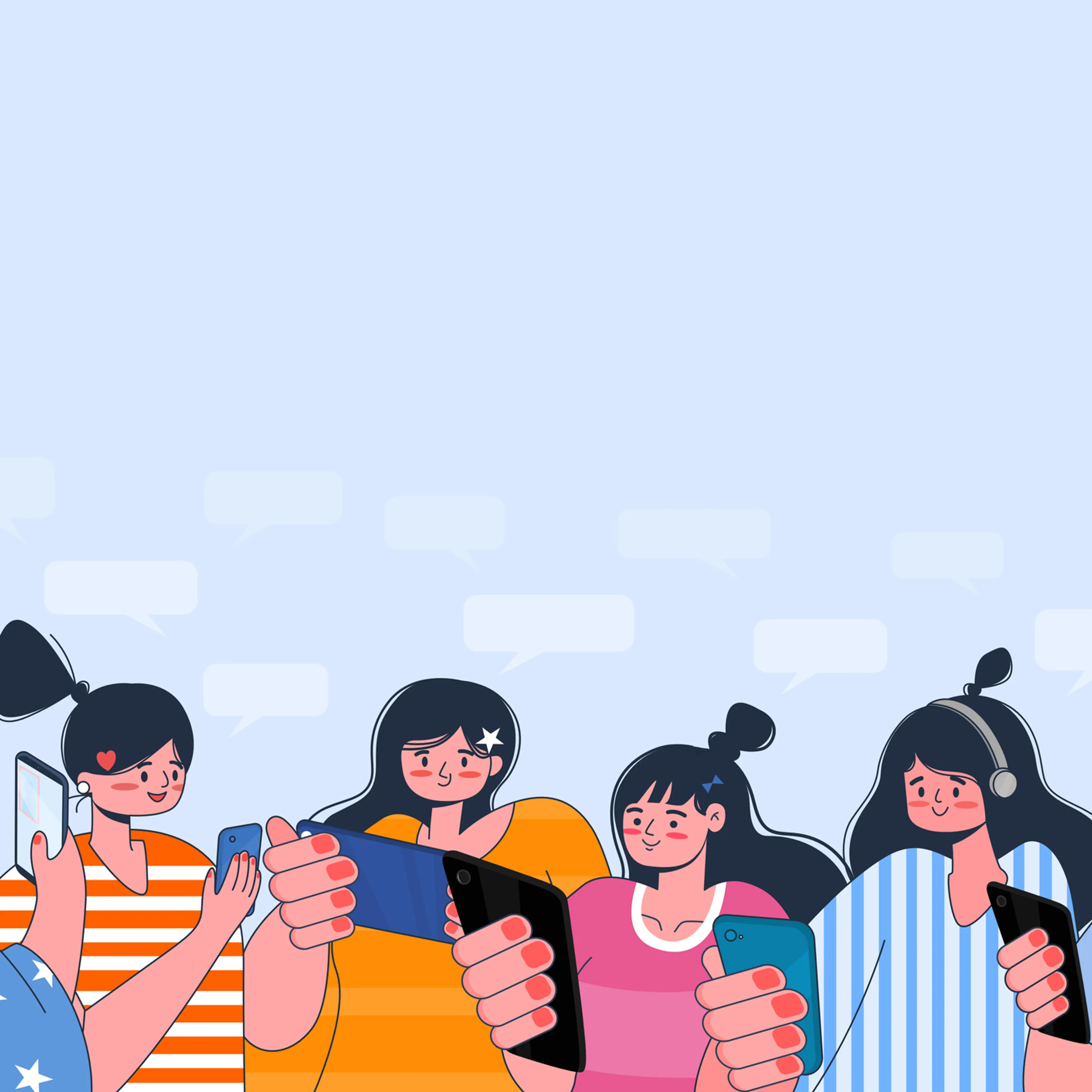 People using technology illustration concept shows people using the smartphone for online and communicating with their friends, the wireless technology making people can work everywhere.
