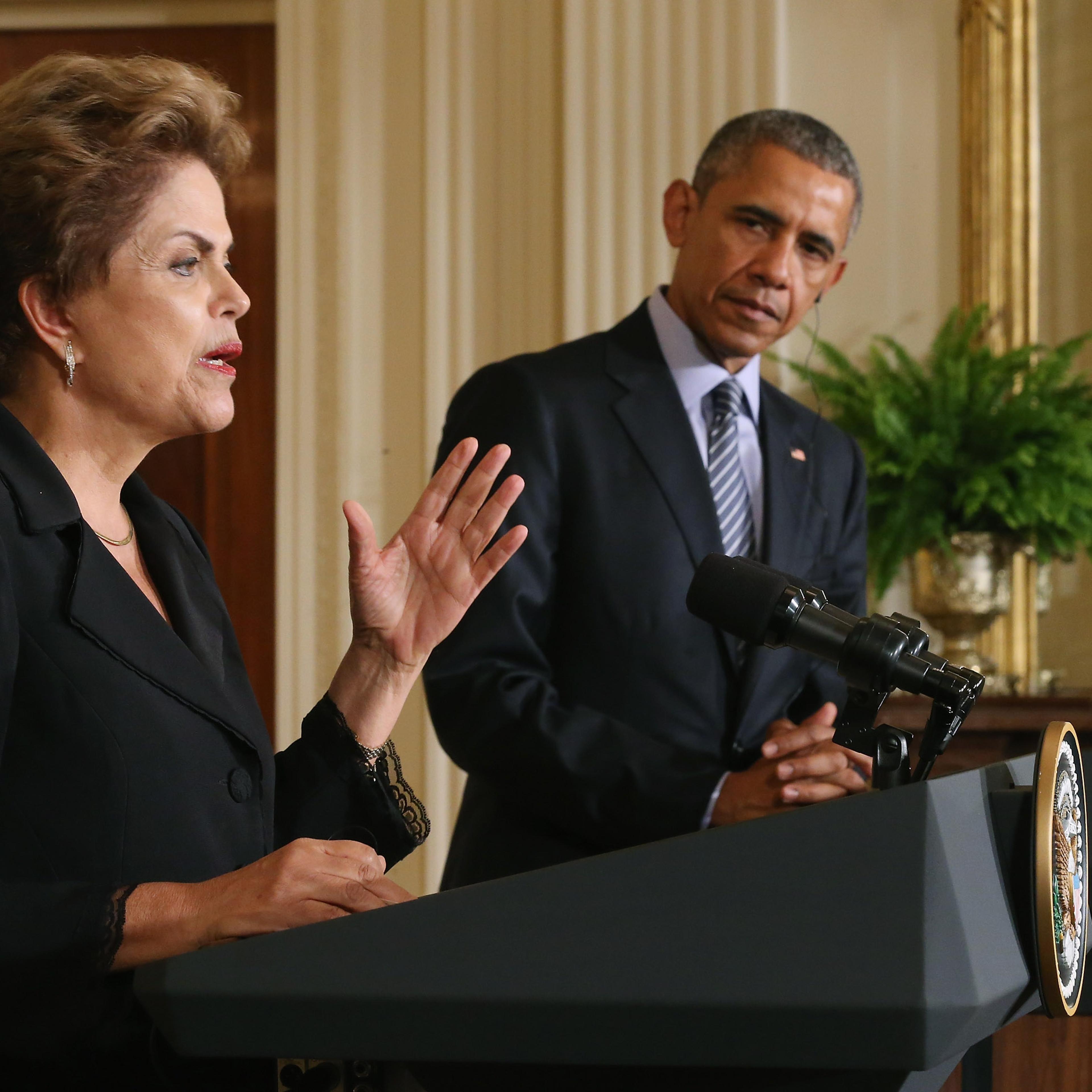 Brazilian President Dilma Rousseff (L) and U.S. President Barack Obama hold a joint news conference in the East Room at the White House June 30, 2015 in Washington, DC. Rousseff and Obama held meetings and the press conference almost two years after Rous