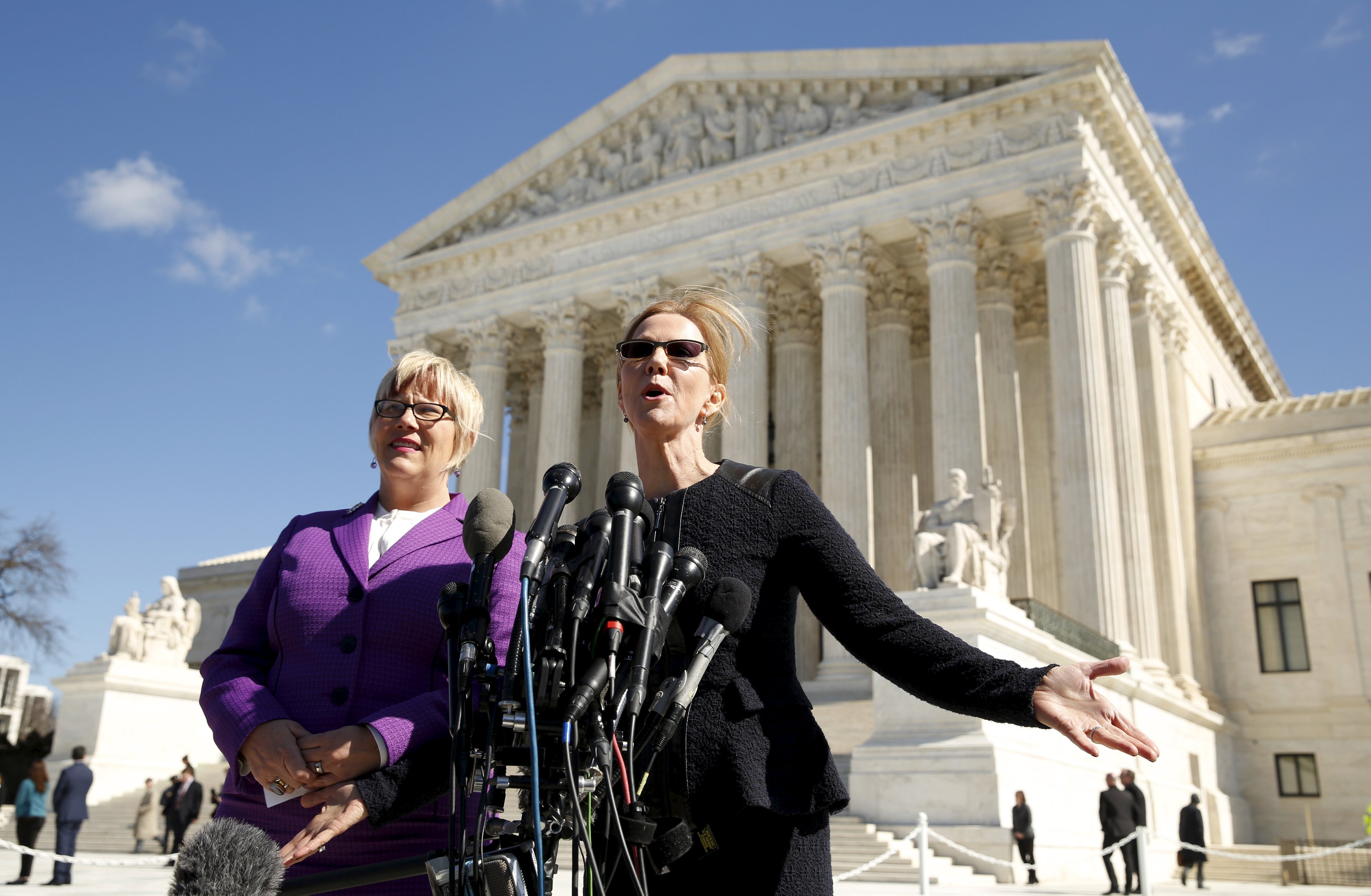 President and CEO of the Center for Reproductive Rights Nancy Northup and President and CEO of Whole Women's Health Amy Hagstrom Miller speak to reporters in front of the U.S. Supreme Court in Washington