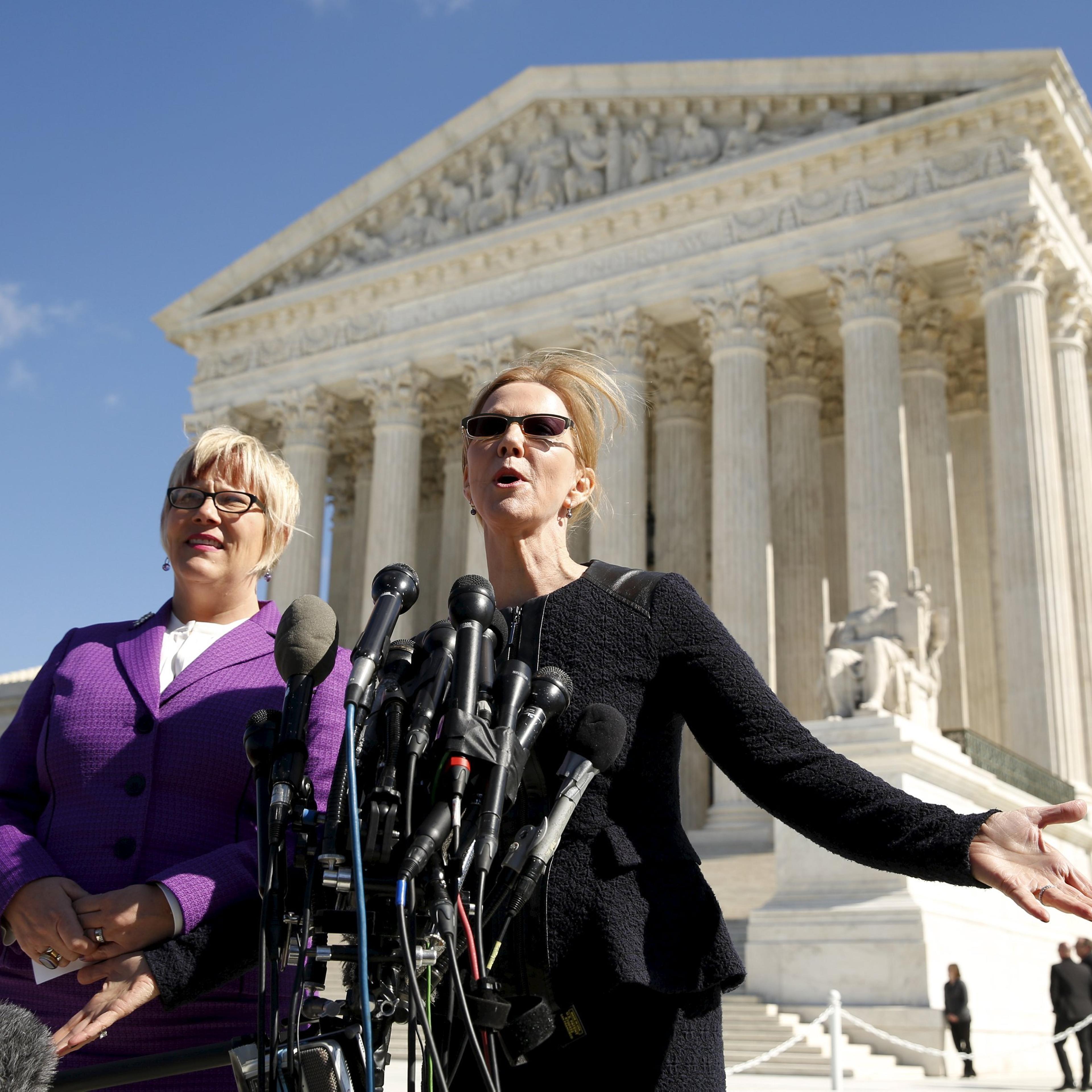President and CEO of the Center for Reproductive Rights Nancy Northup and President and CEO of Whole Women's Health Amy Hagstrom Miller speak to reporters in front of the U.S. Supreme Court in Washington